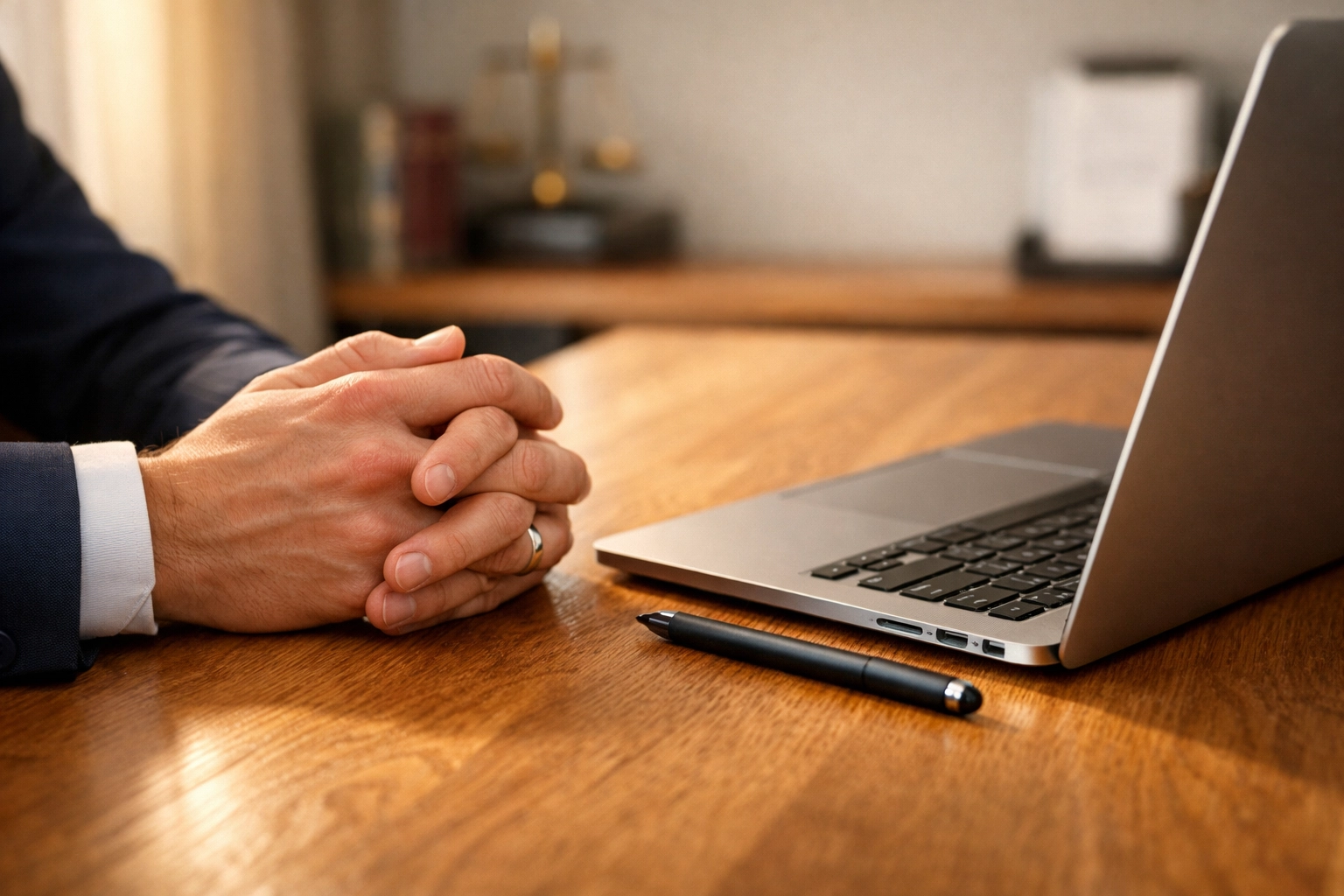 Professional home office desk with a laptop, highlighting the convenience of remote online notarization services.