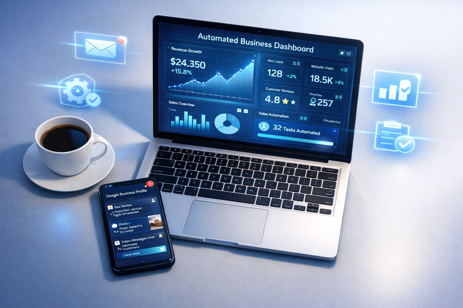 AI-powered automation dashboard for Google Business Profile management replacing manual marketing tasks