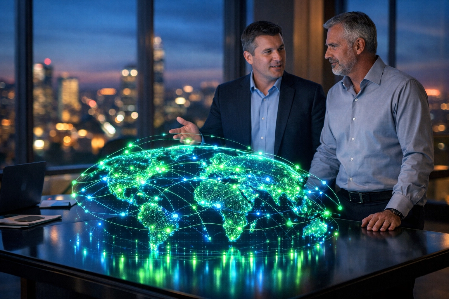 A technology advisor and business owner reviewing a digital network map for secure IT consulting.