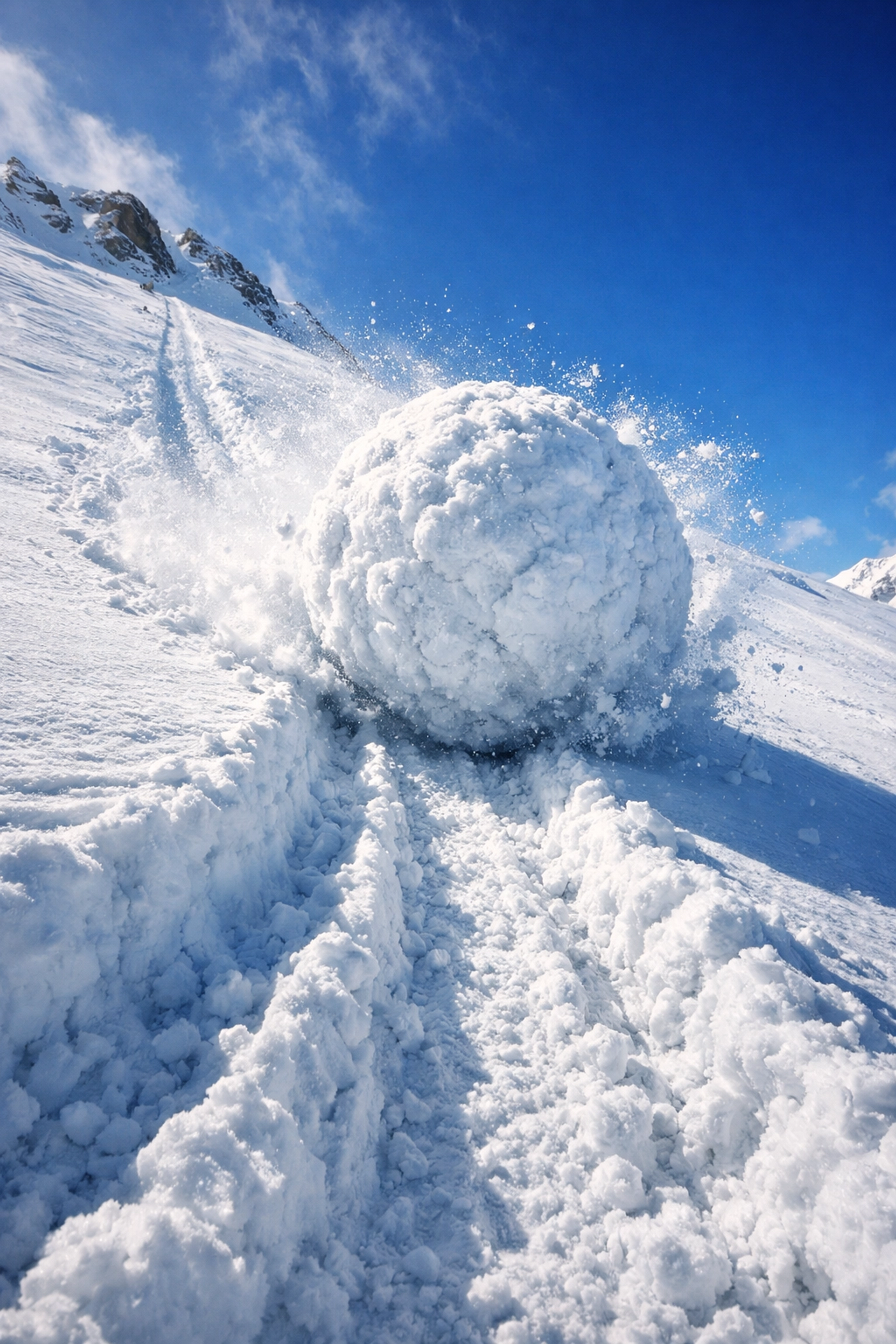 A large snowball rolling down a snowy mountain illustrating the snowball effect of compounding wealth.