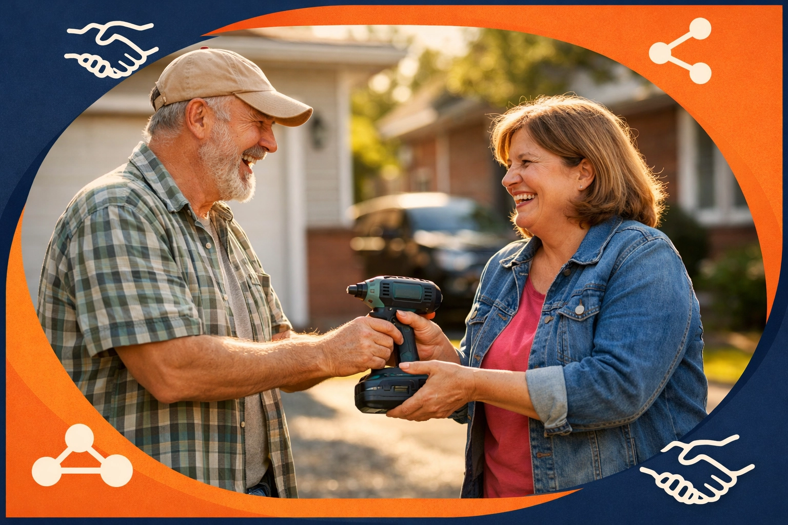 Burlington neighbors sharing tools in a driveway, highlighting community-driven home maintenance.