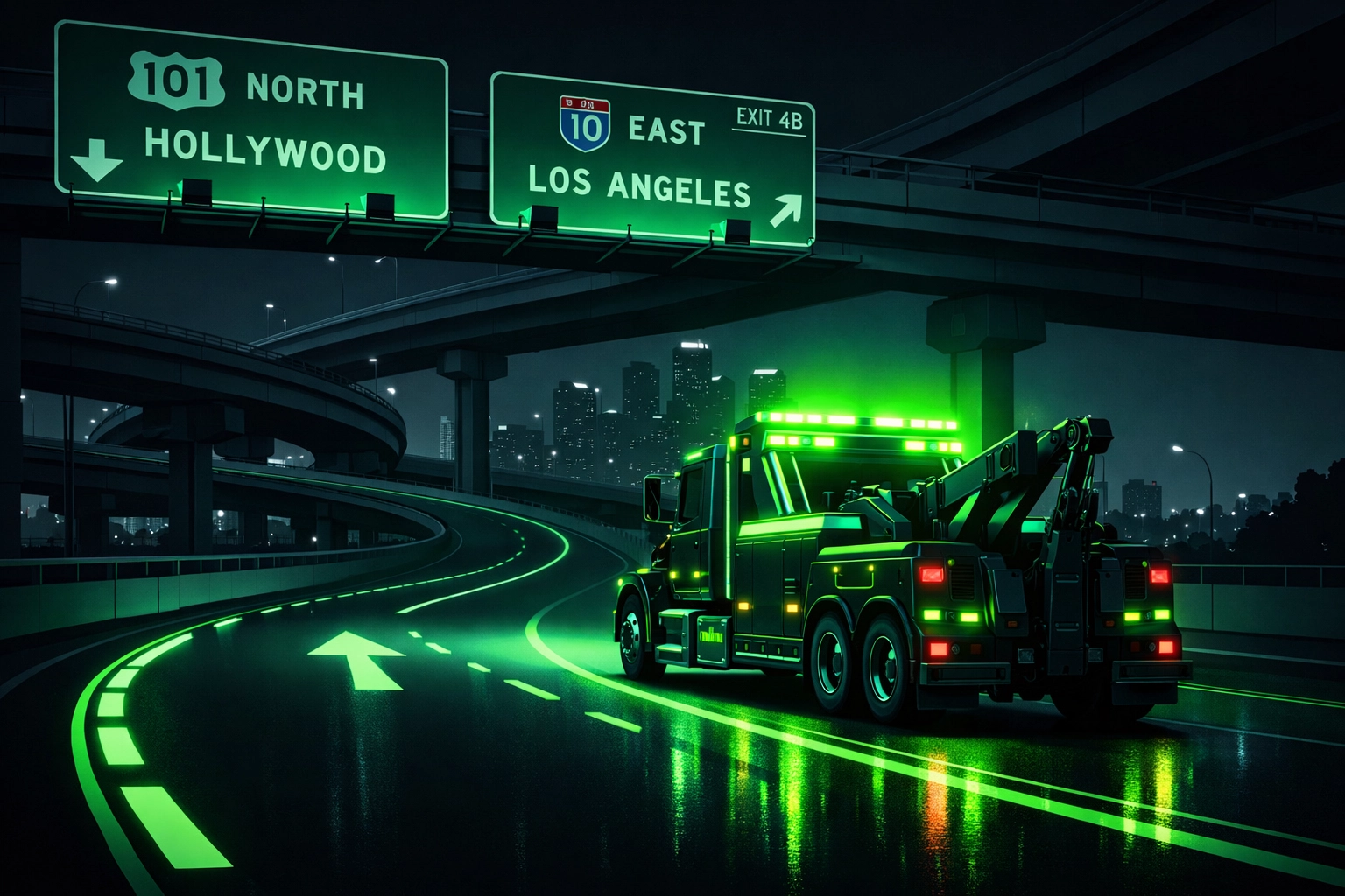 Heavy-duty tow truck providing rapid response towing services in Los Angeles on night freeways.