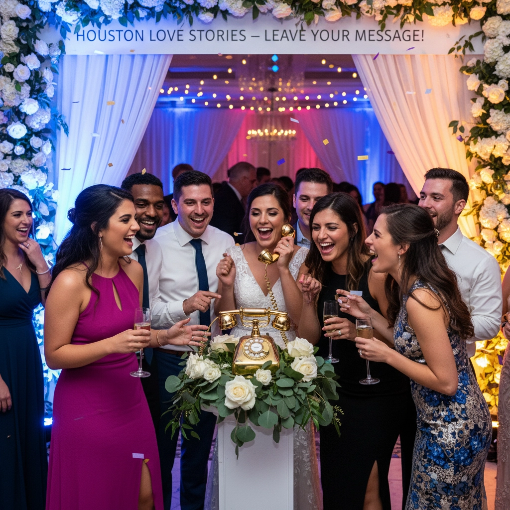 Guests laugh around a vintage gold phone at a wedding. White floral arch with sign reads "Houston Love Stories – Leave Your Message!"