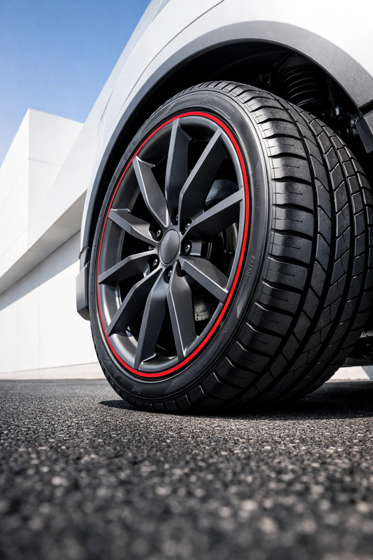 Professional view of an EV tire and suspension on asphalt, emphasizing alignment for battery efficiency.