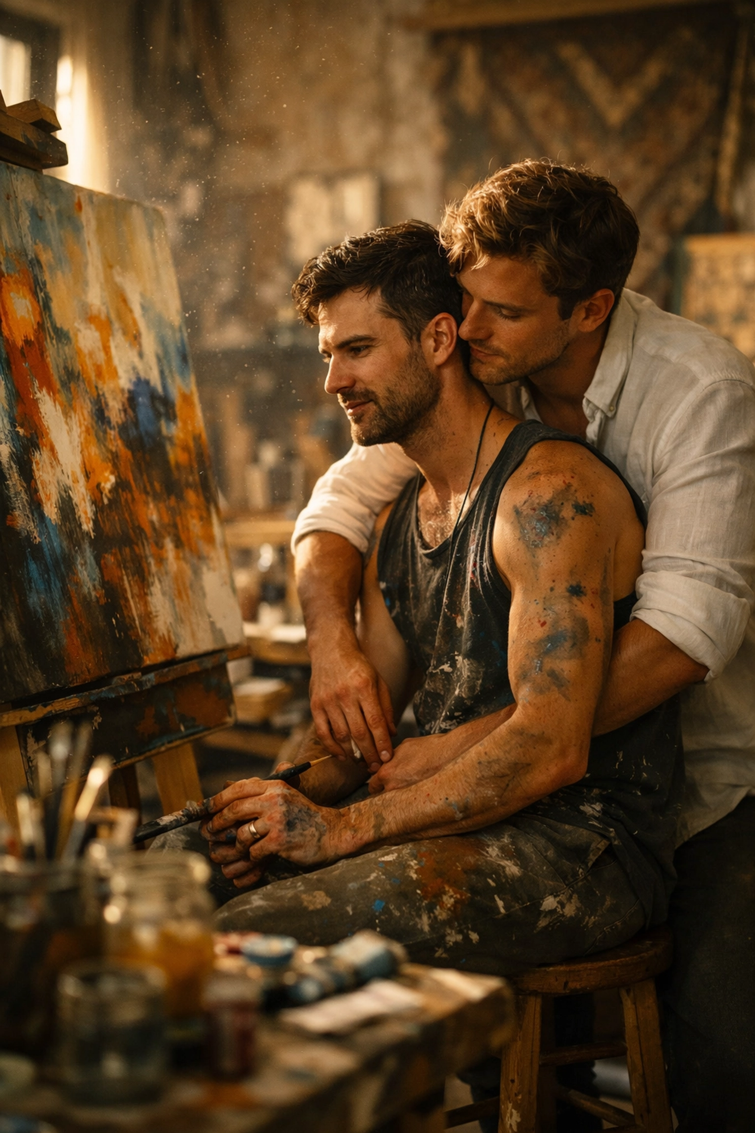 Two men in an art studio sharing quiet intimacy, reflecting the creative themes found in top MM romance books.