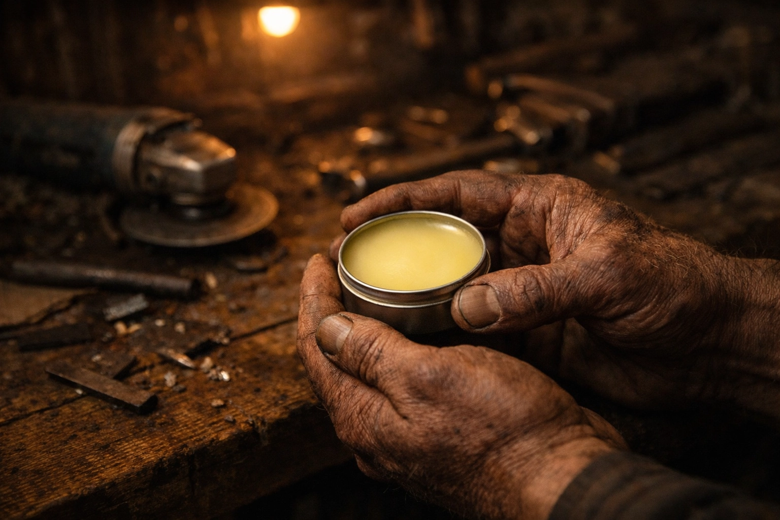 Working hands holding Heavy Metal tallow balm tin in workshop with tools