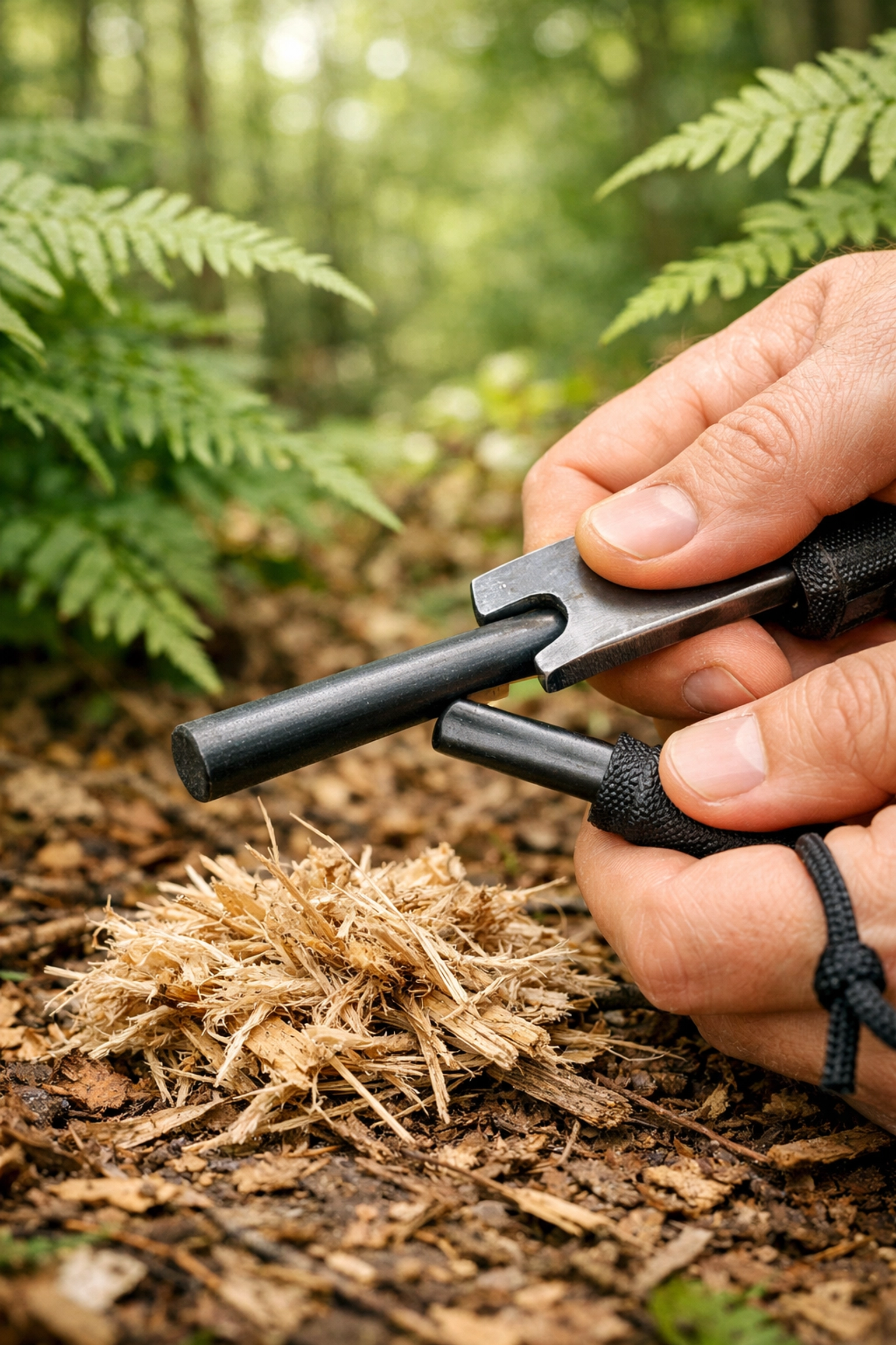 Using a ferrocerium rod to start a fire for a wild camping guided UK trip in a forest.