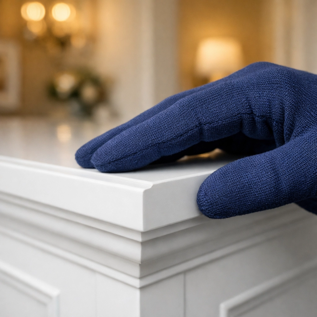 Detailed white glove inspection of a dust-free mantle following a professional post construction cleaning.