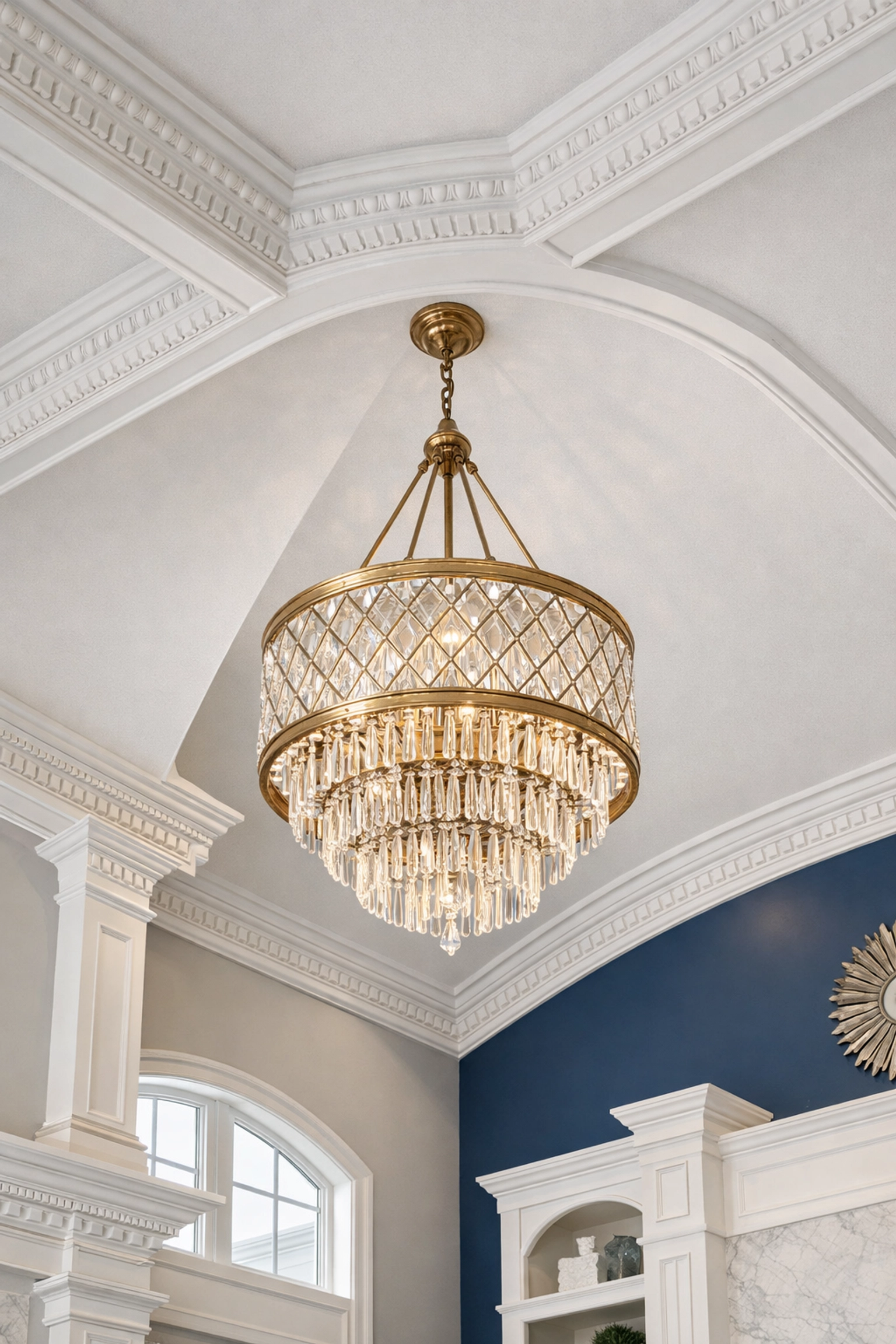 Pristine Hopkinton living room with clean crown molding and vaulted ceilings after professional house cleaning services.