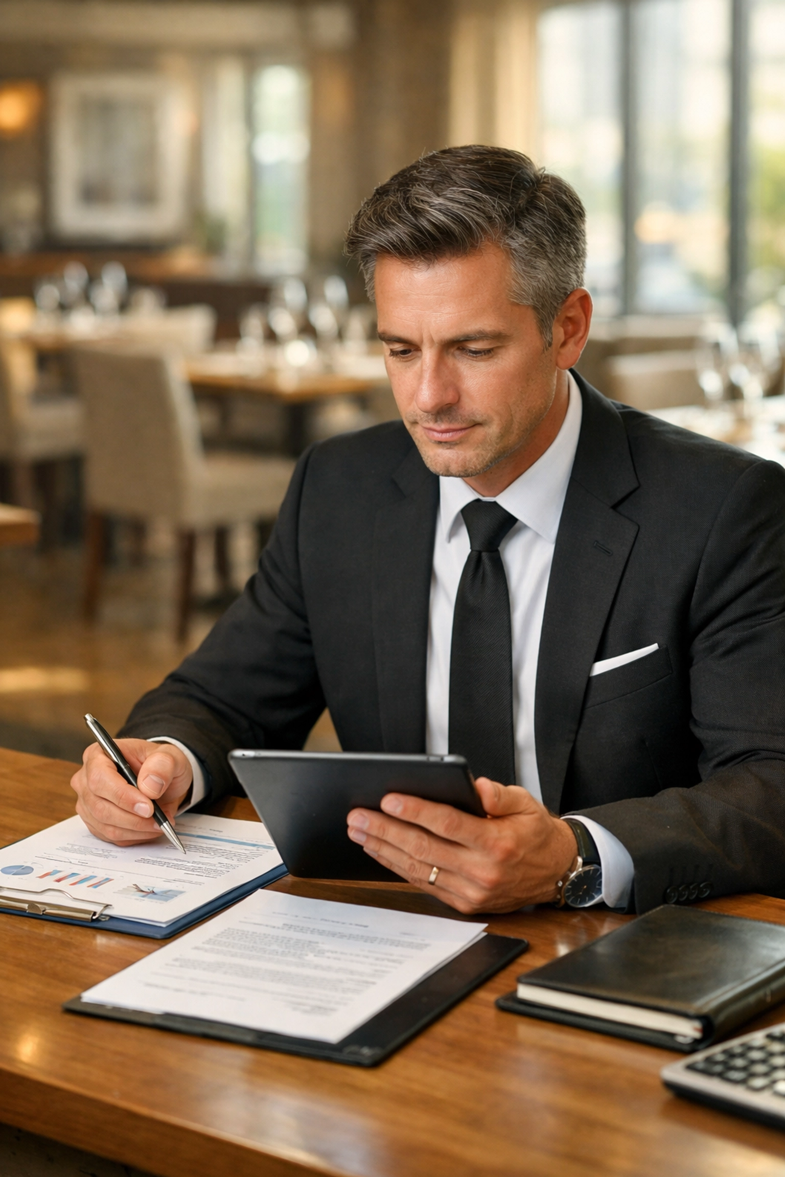 Washington restaurant manager reviewing employee records for workers comp state fund compliance.