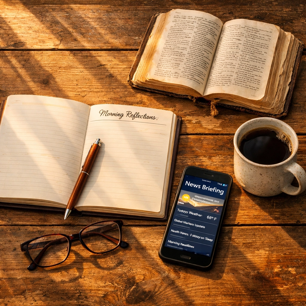 Morning routine essentials: Bible, journal, phone with news app, and coffee on table