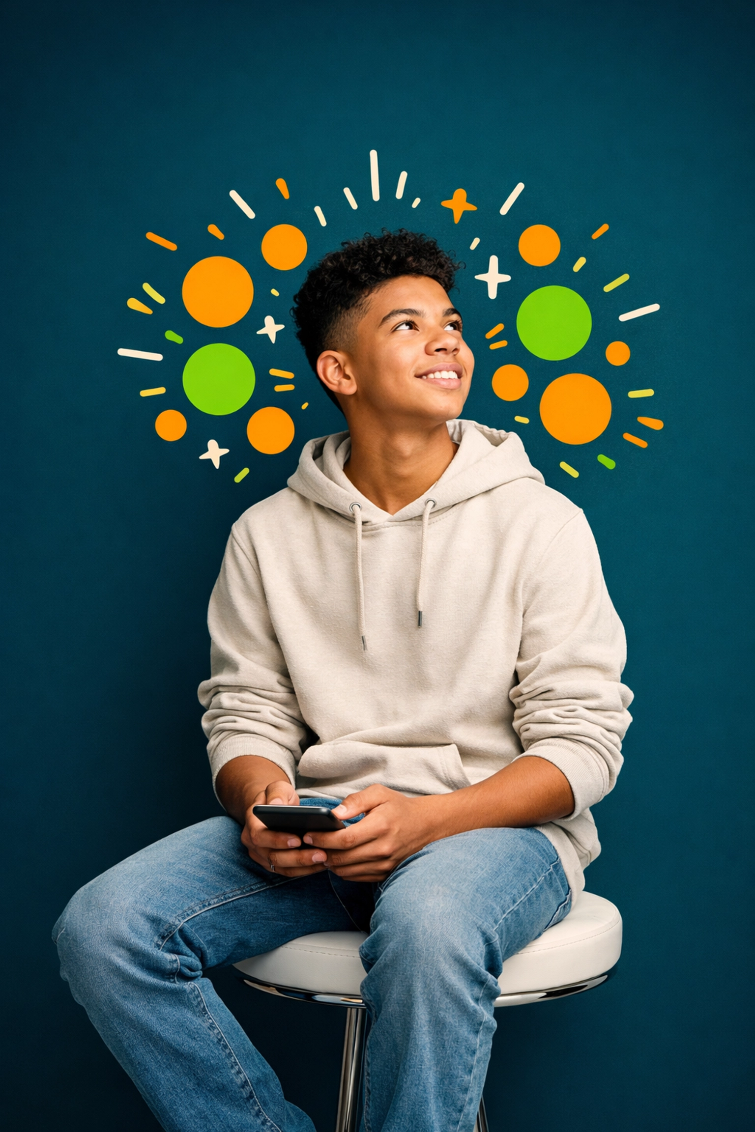 Teenage boy looking away from his phone to discover purpose and boost motivation.