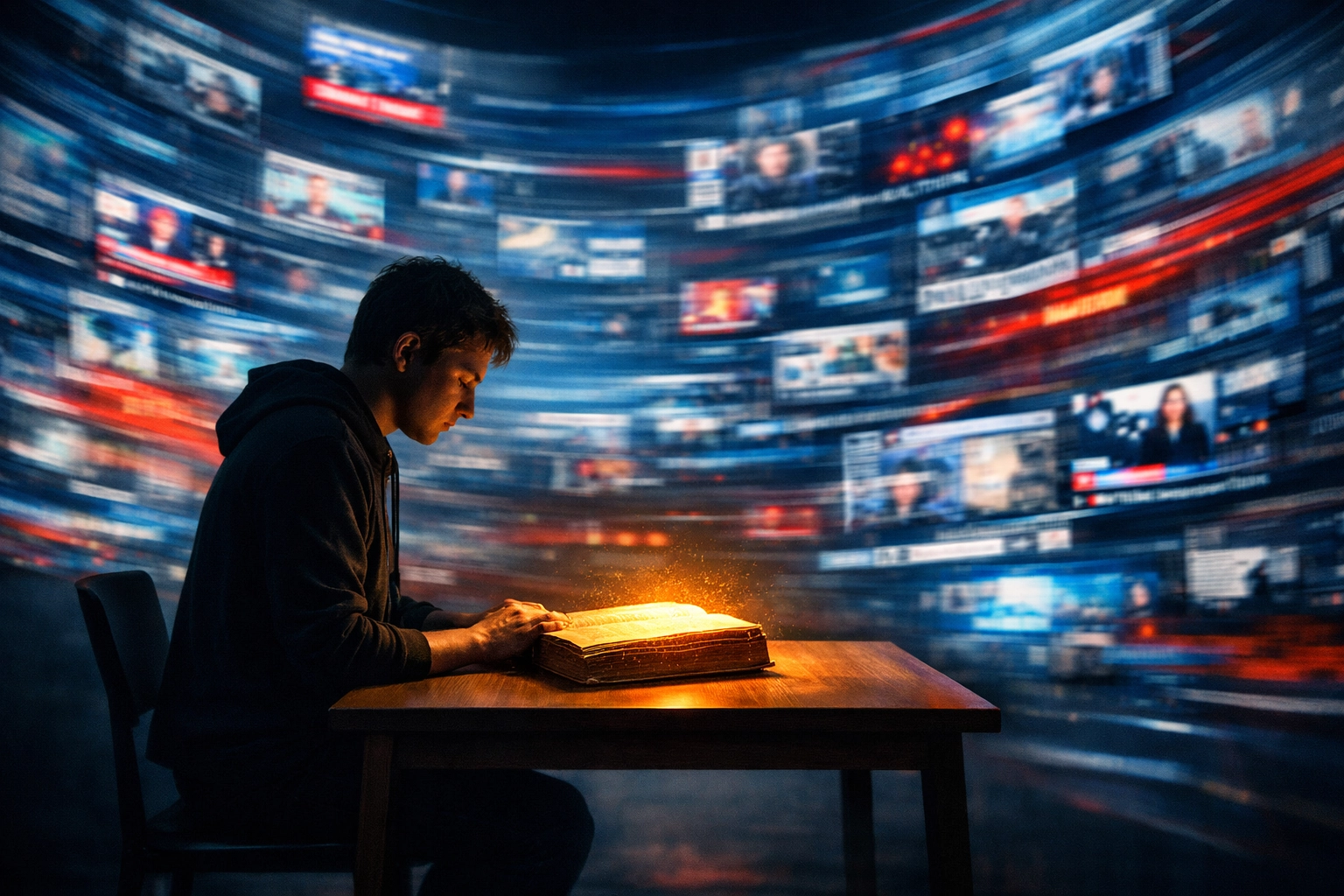 Calm reader at desk amid swirling digital headlines, practicing Christian news discernment