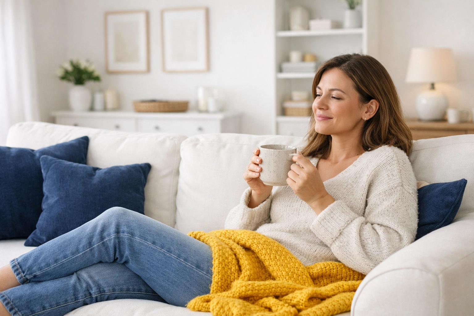 A stress-free Westborough homeowner relaxing on her sofa in a perfectly clean home after house cleaning Westborough.