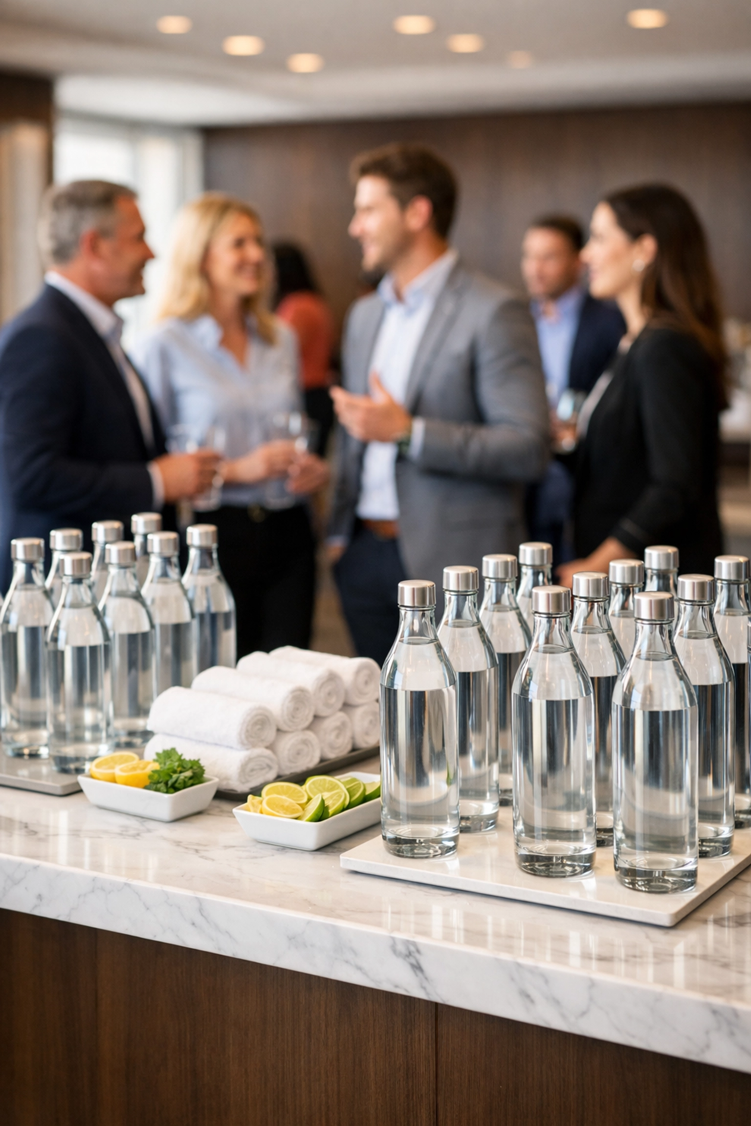 Executive hydration station with bottled water in a corporate suite for Super Bowl networking events.