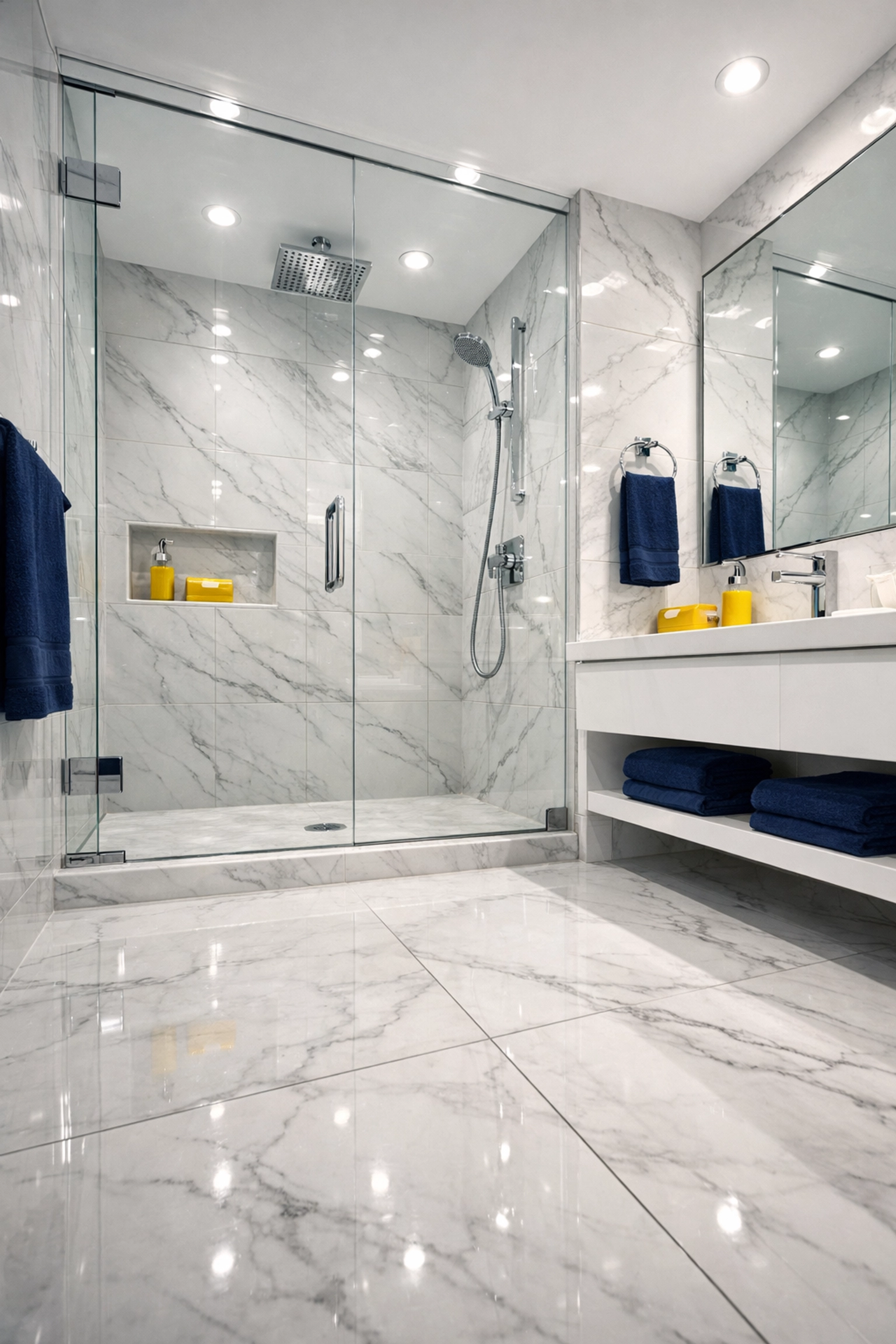 Streak-free marble bathroom cleaned by a professional move-out cleaning service in Massachusetts.
