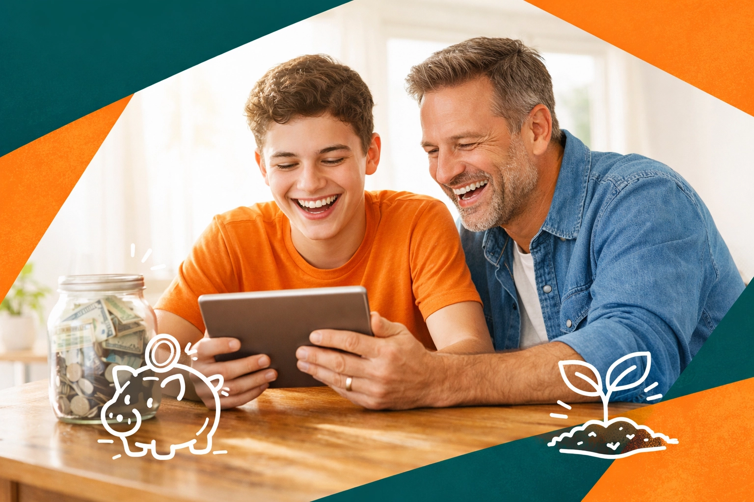 Father and teenage son learning financial literacy and money management using a tablet and savings jar.