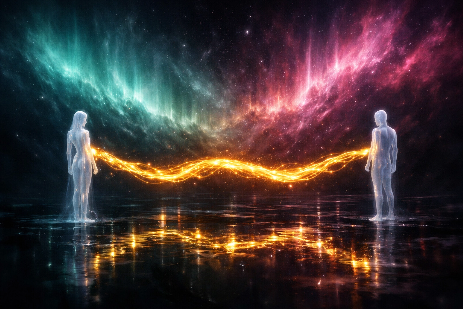 Two figures connected by a glowing light thread illustrating relationship alignment and emotional connection.