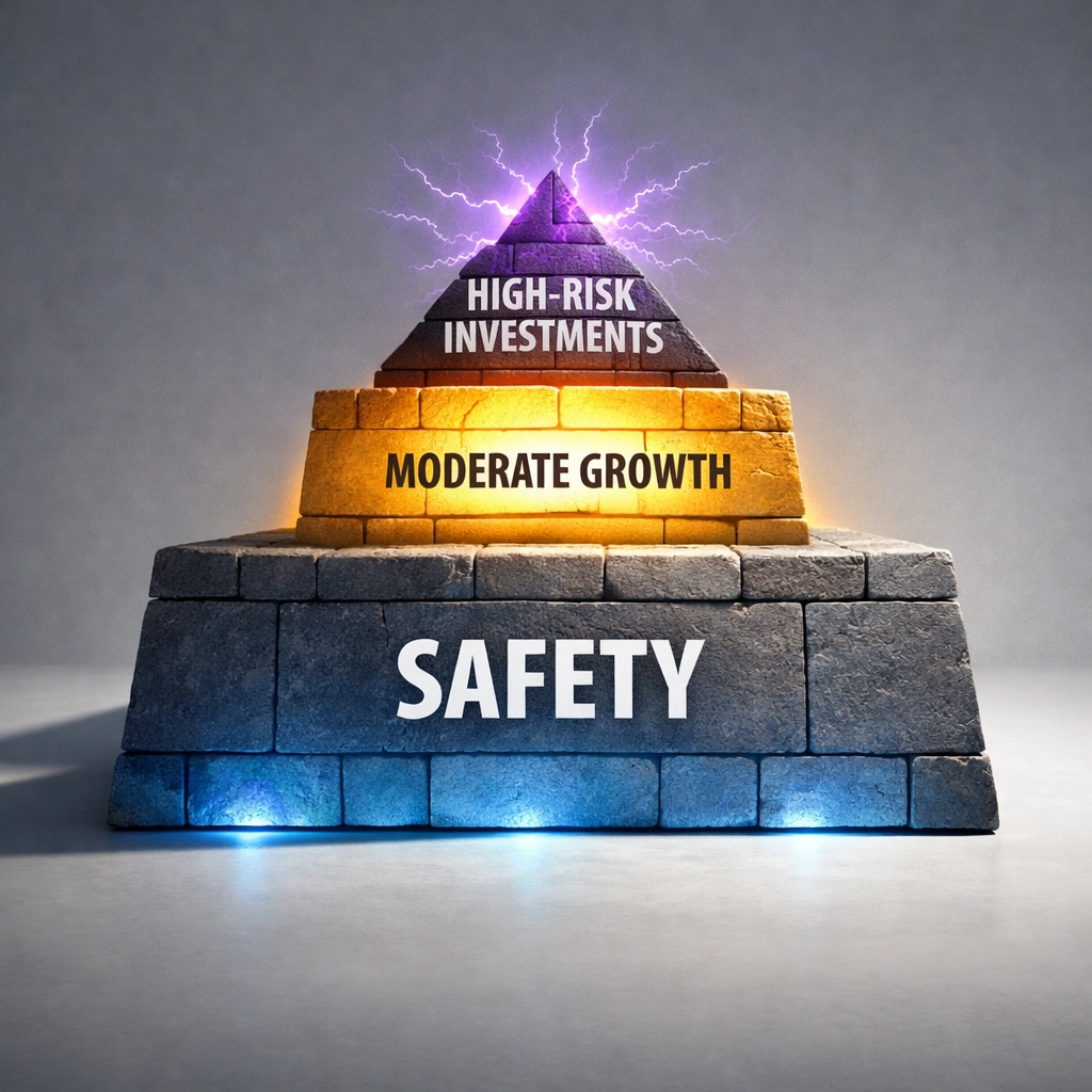 Asset allocation pyramid showing 50% safe base, 40% moderate growth middle, and 10% high-risk investments at top