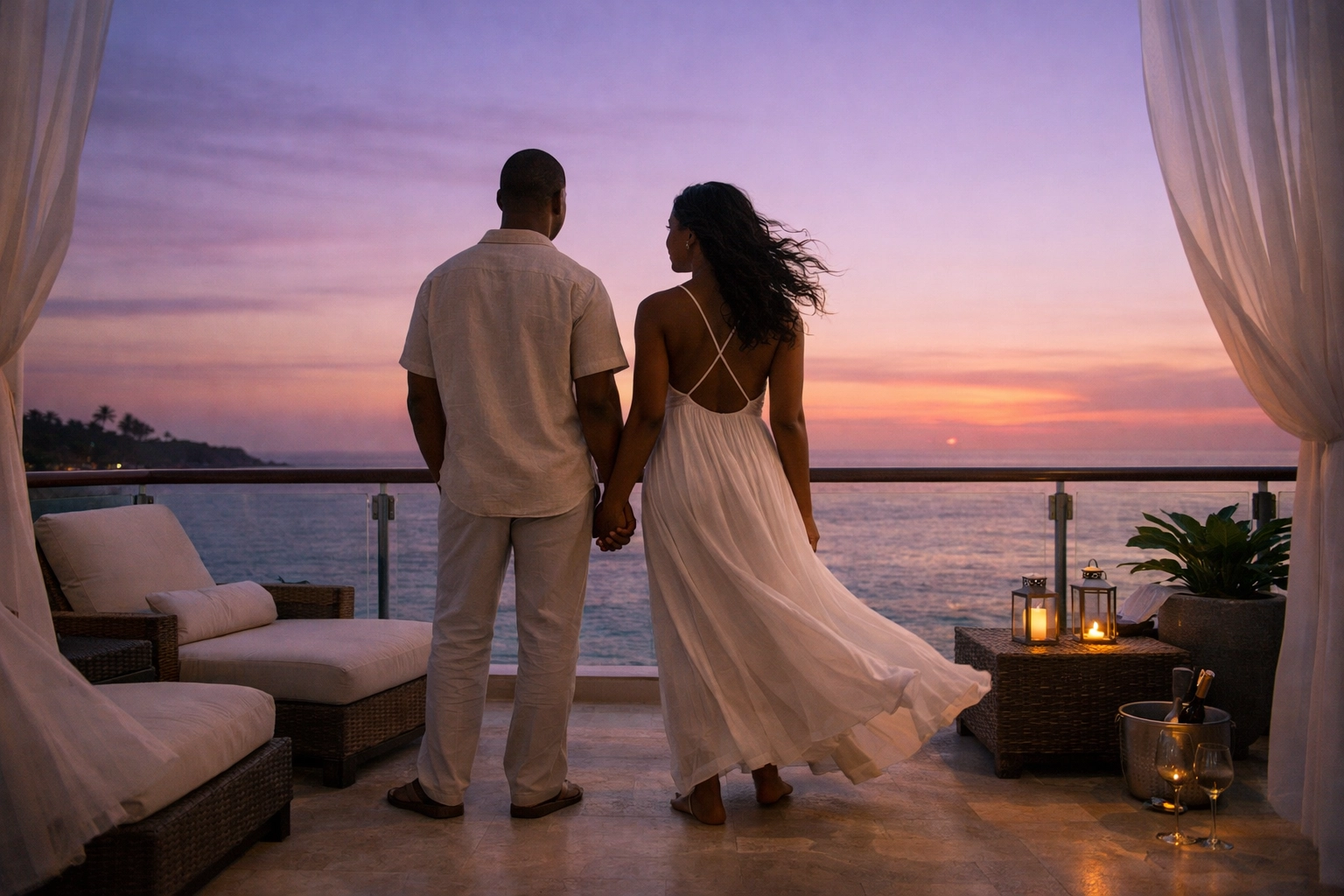 Couple enjoying private ocean-view balcony at adults-only resort