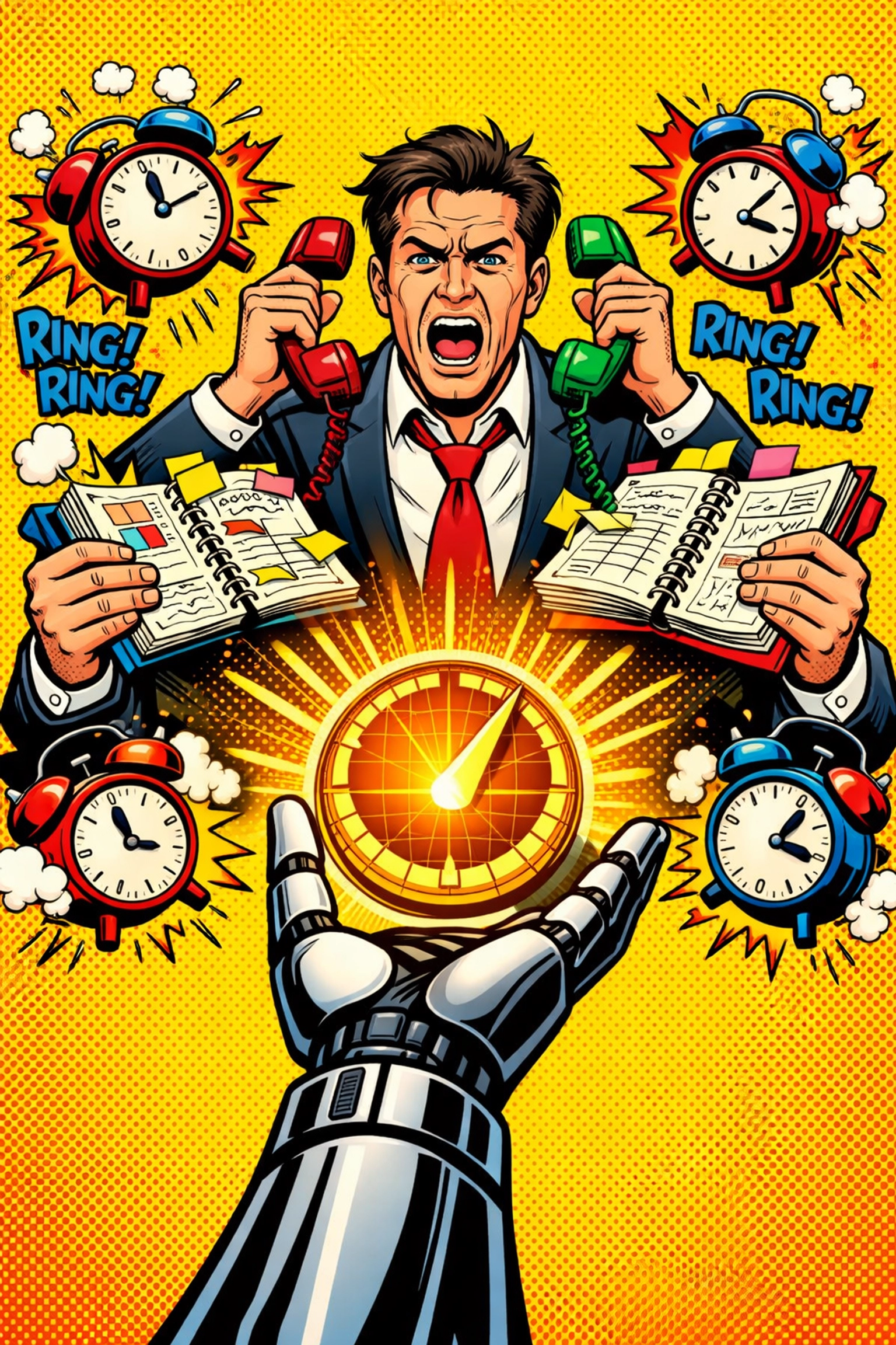 Pop art illustration of an AI assistant robotic hand organizing a business owner's chaotic calendar schedule.