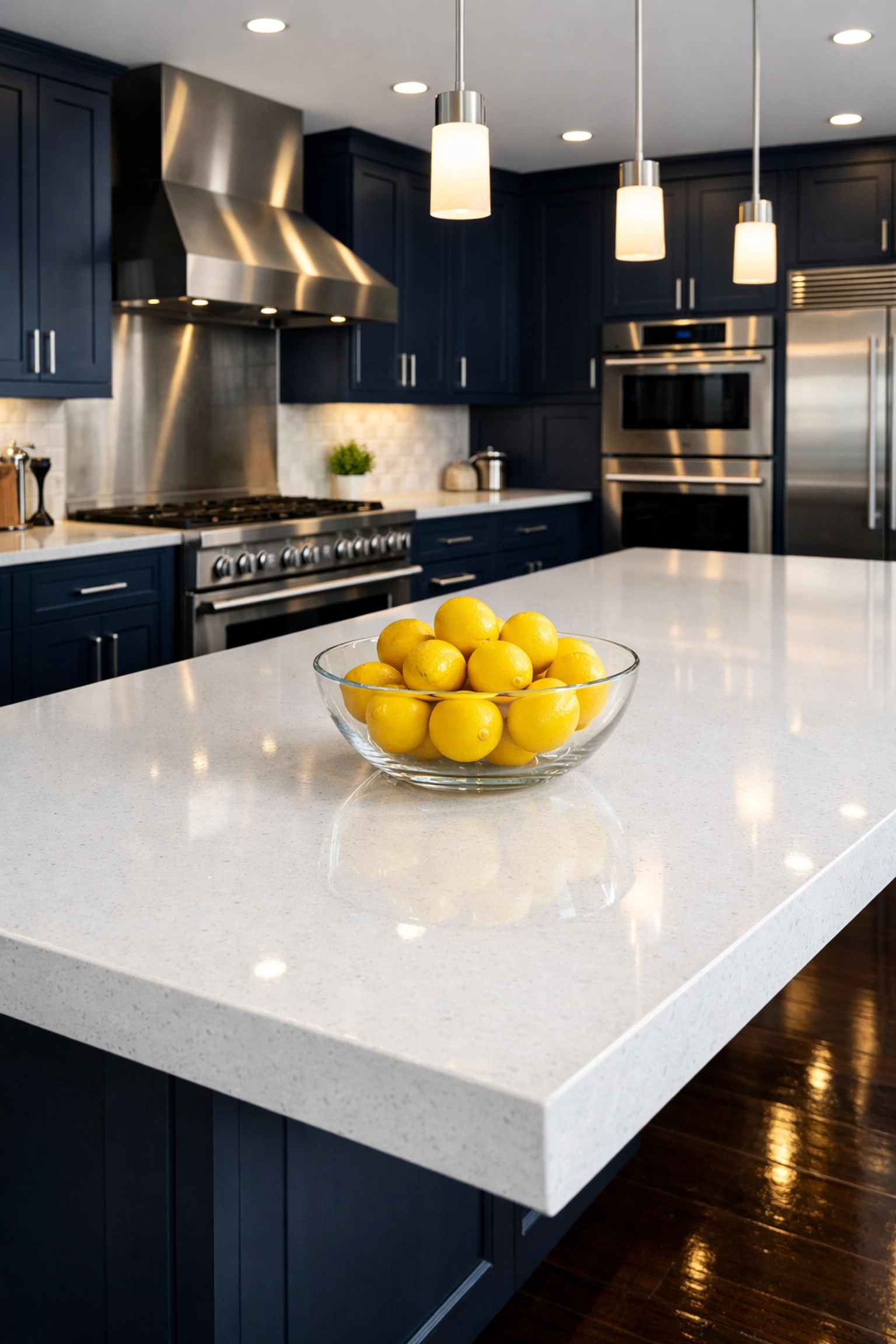 Sparkling quartz kitchen island and navy cabinetry from professional residential cleaning in Medfield.