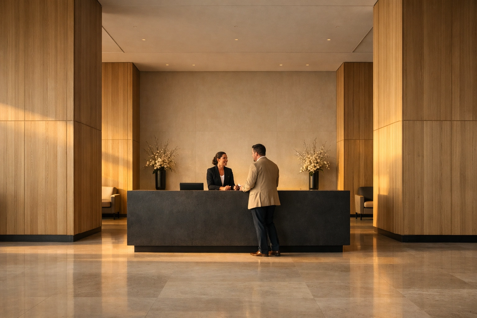 Modern hotel lobby at golden hour with staff and guests prioritizing human connection through technology.