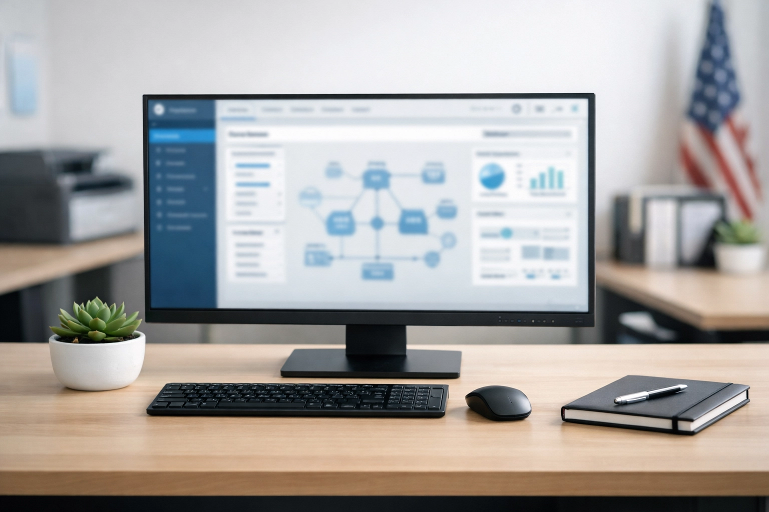 Modern workstation with professional tax software dashboard representing secure service bureau operations.