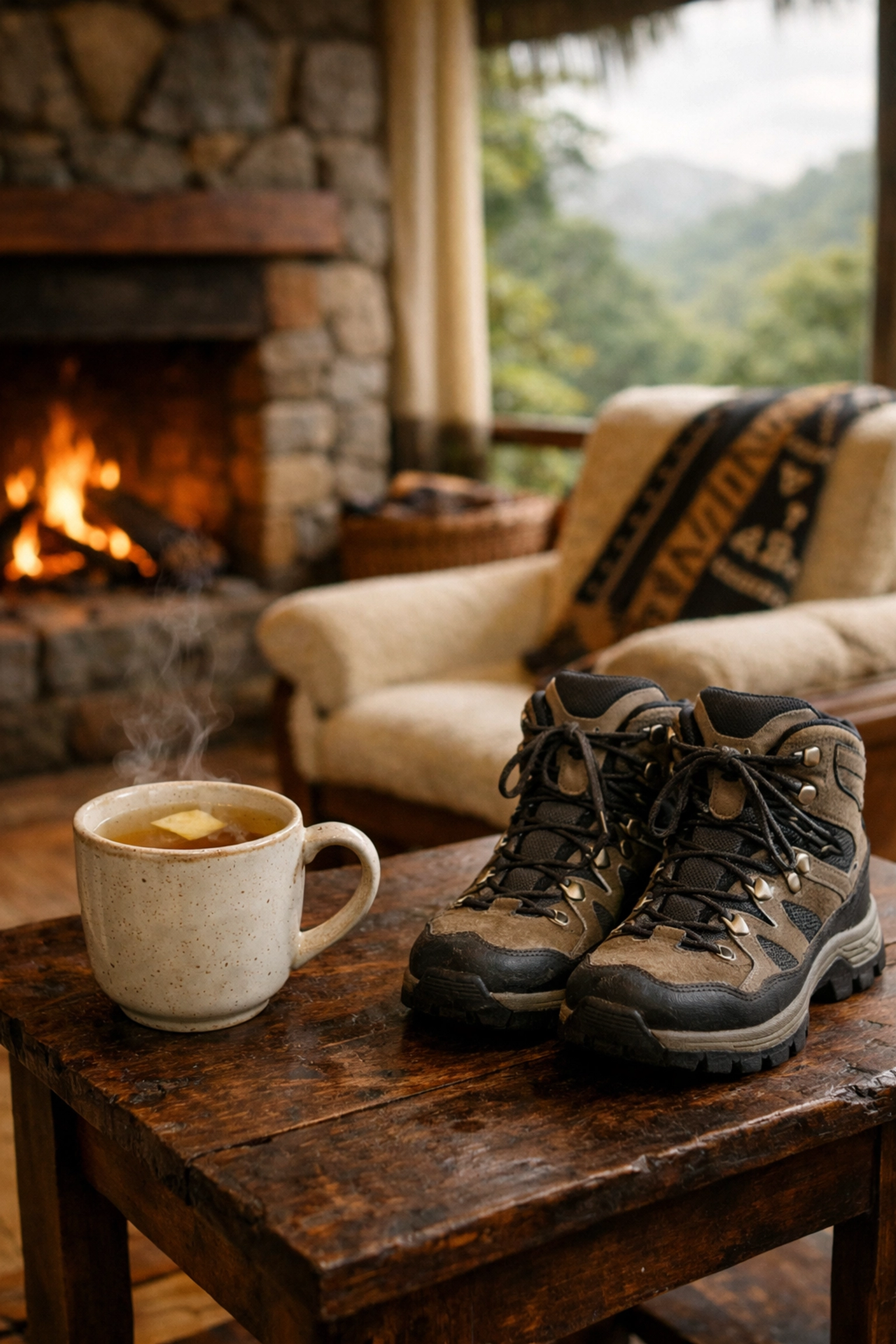 Clean hiking boots and ginger tea for post-trek recovery at Orugano Bwindi Lodge, a top Uganda gorilla trekking lodge.