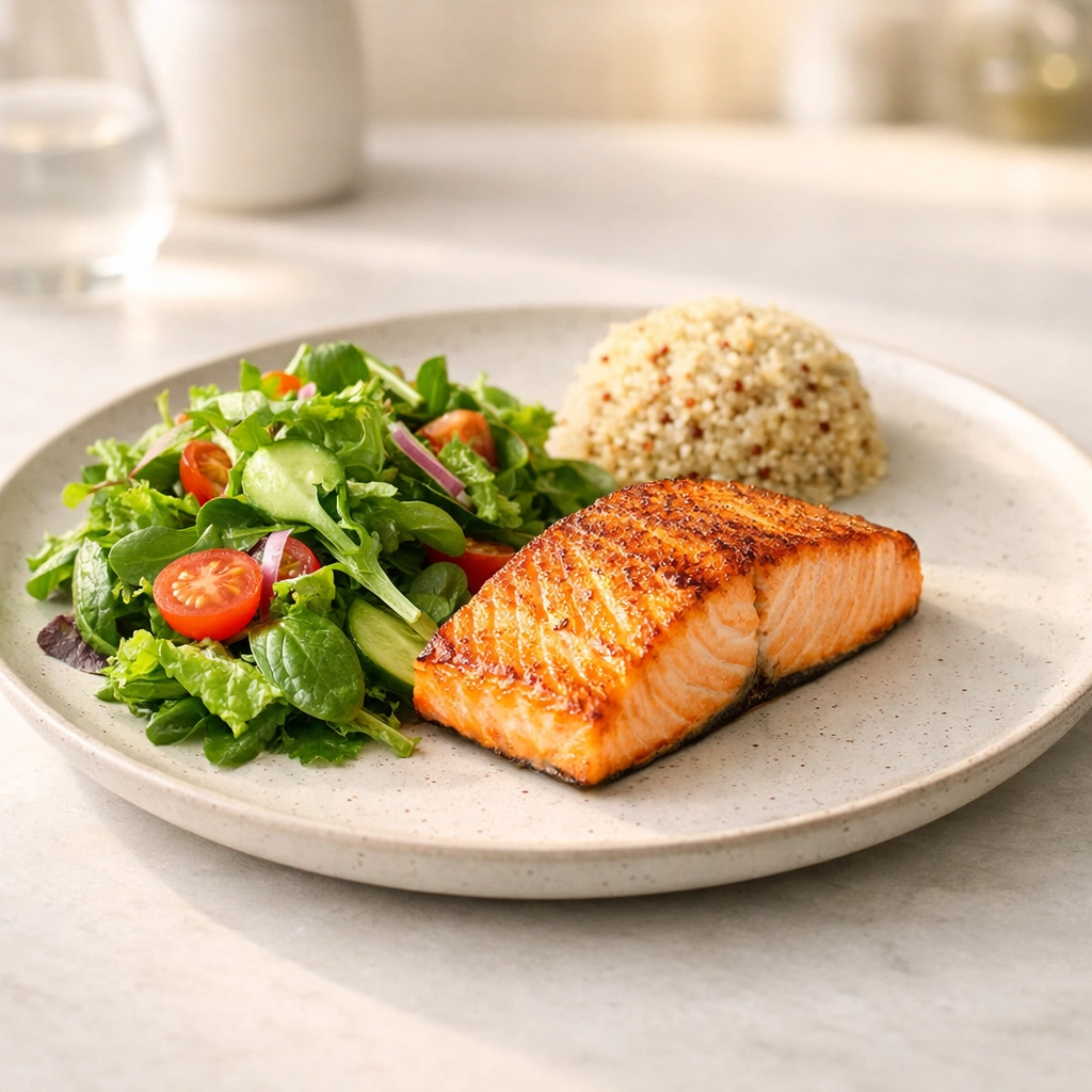 Balanced plate with salad, salmon, and quinoa for metabolic layering to manage insulin resistance weight loss.