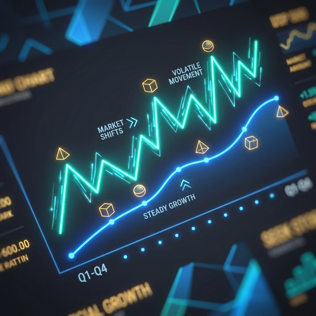Financial chart with two upward-trending lines representing risk-adjusted returns and performance comparison of 40/30/30 vs 60/40 portfolios.