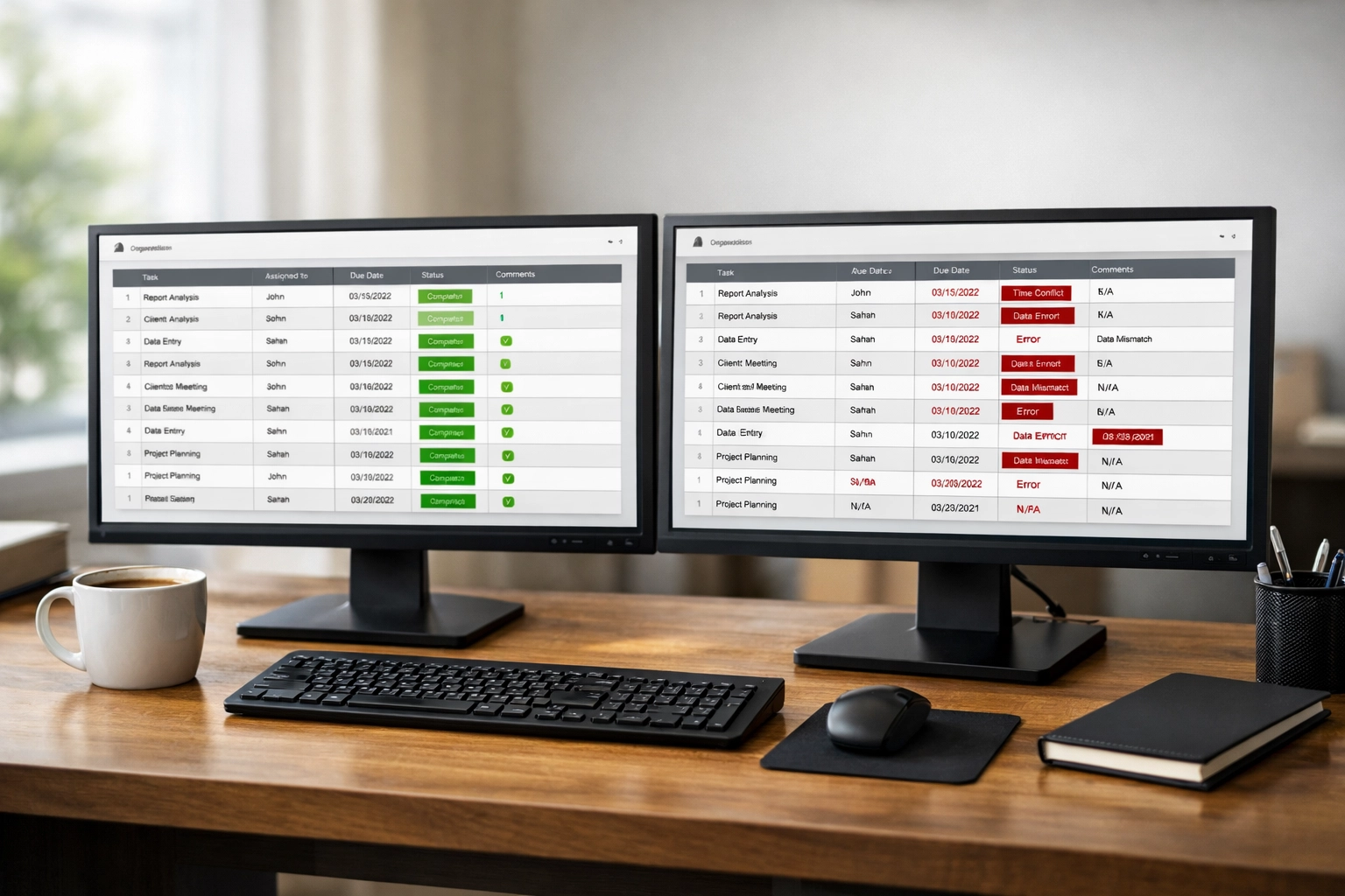 Dual monitors comparing clean ERP data with error-filled dashboard for ecommerce SEO audit