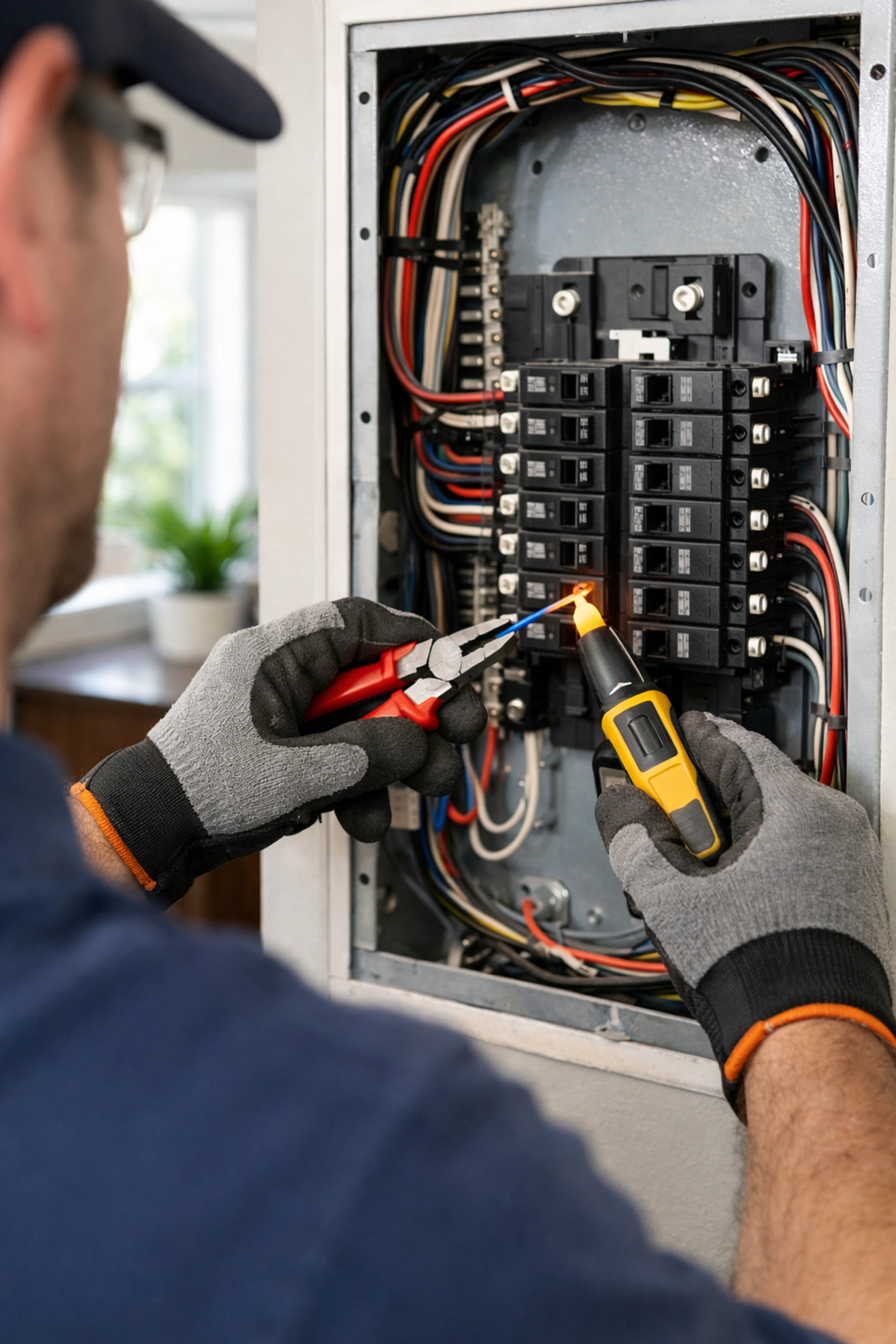 Licensed electrician working on residential electrical panel installation