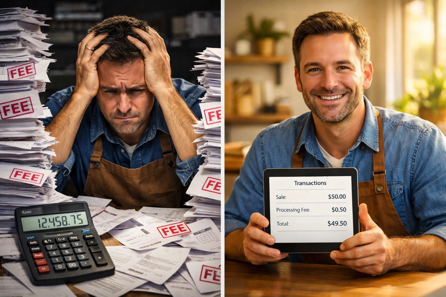 Merchant comparing high crypto payment fees versus low-cost blockchain transactions