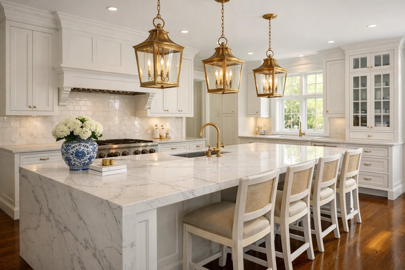 Pristine luxury kitchen with marble island after a professional deep cleaning in Wellesley MA.