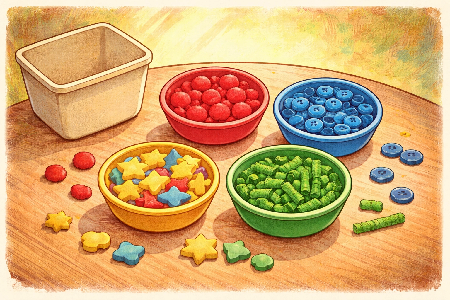 Four bowls neatly sorted by color with pom poms, buttons, and foam shapes after a successful color bin activity
