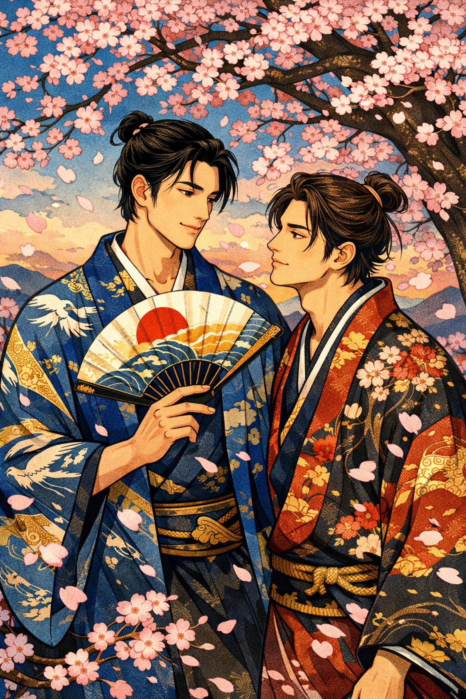 Ukiyo-e style art of two men in kimonos under cherry blossoms, representing classic gay romance tropes.