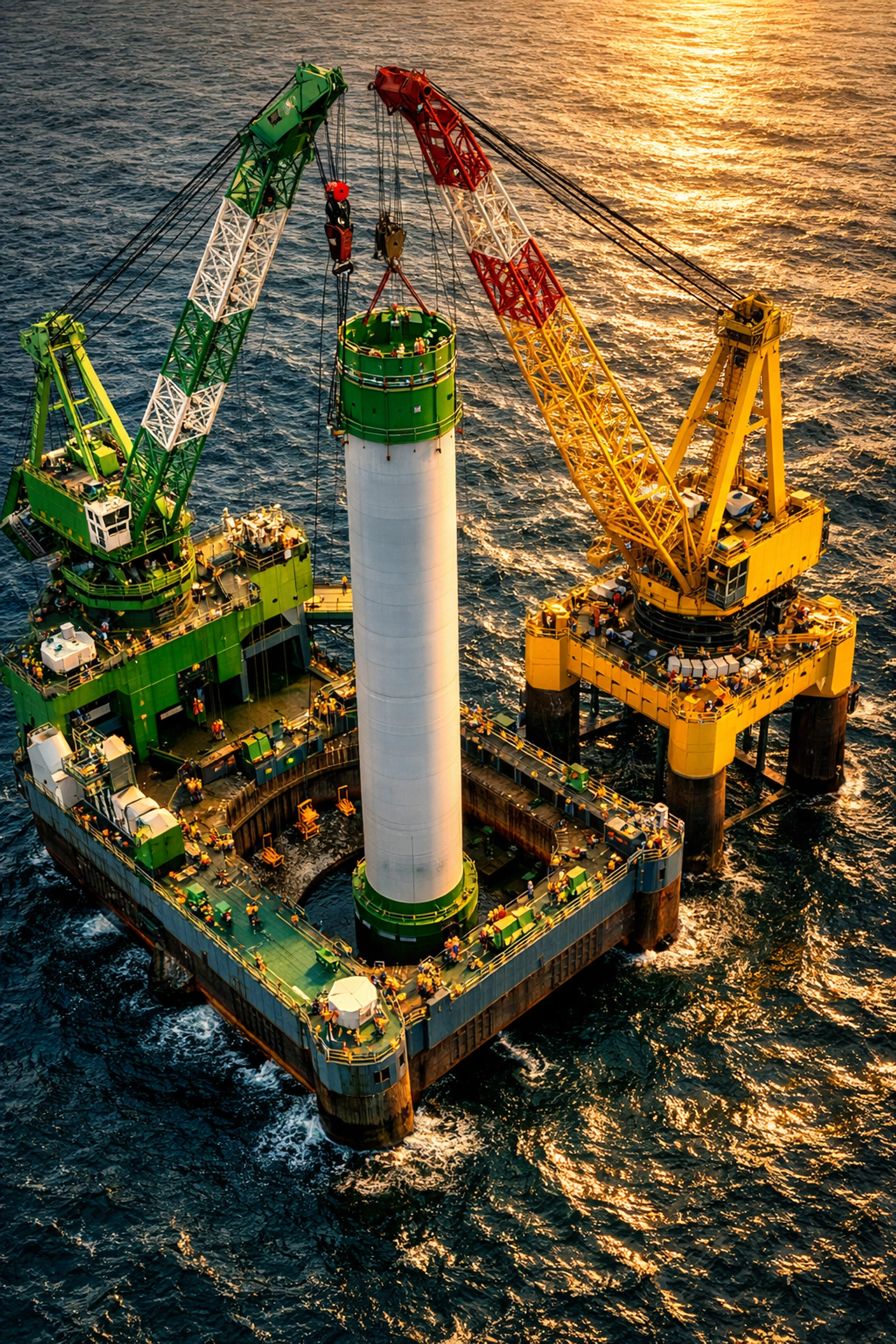 Offshore wind turbine foundation installation with floating platform and jack-up barge at sea