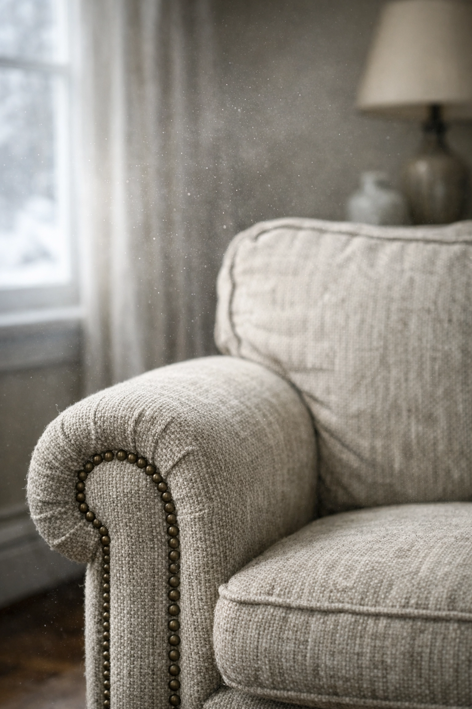 Smoke particles and winter air haze settling into the fabric fibers of a living room armchair.