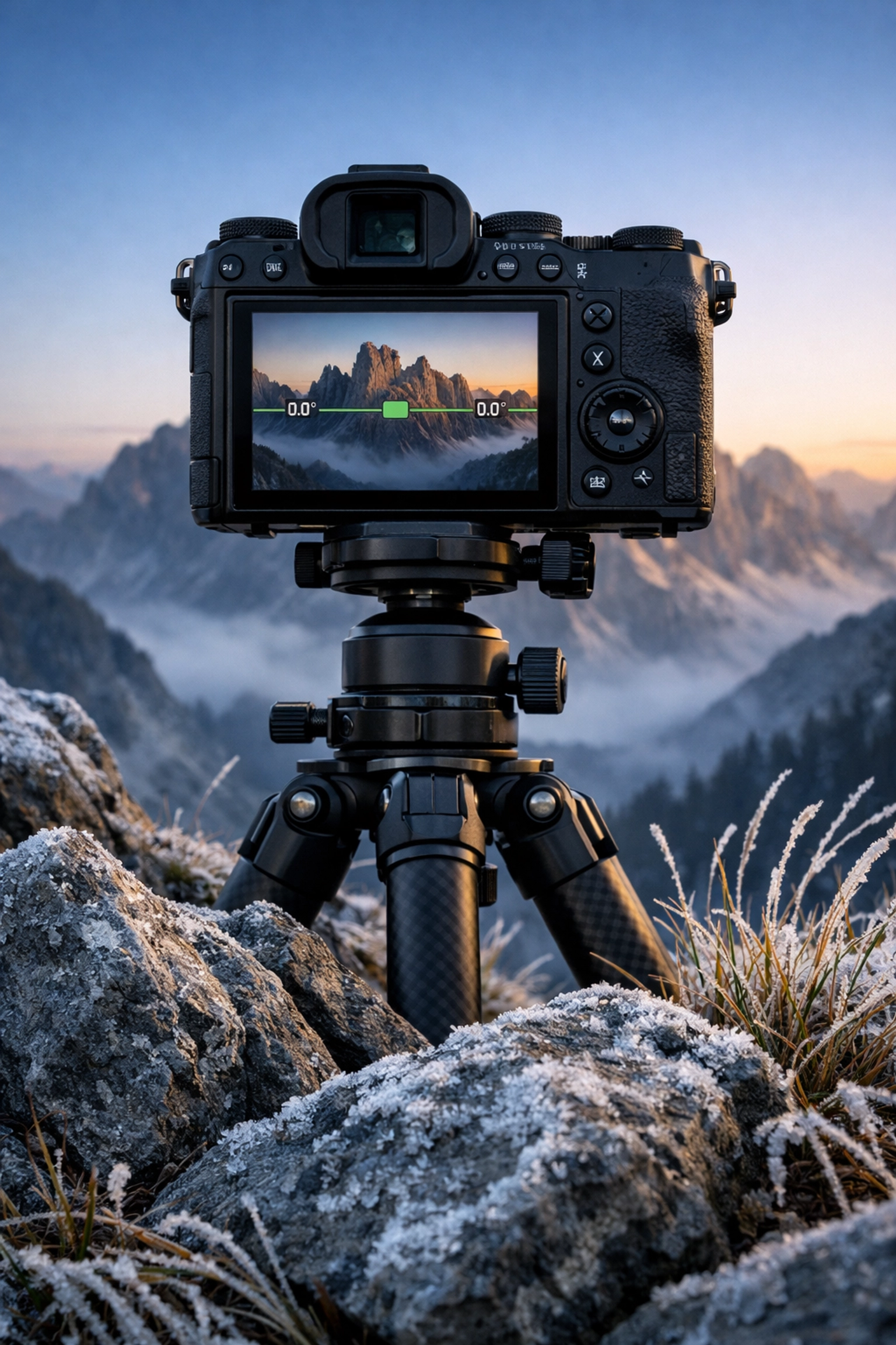 Camera on a tripod using a digital level to fix landscape photography mistakes like crooked horizons.