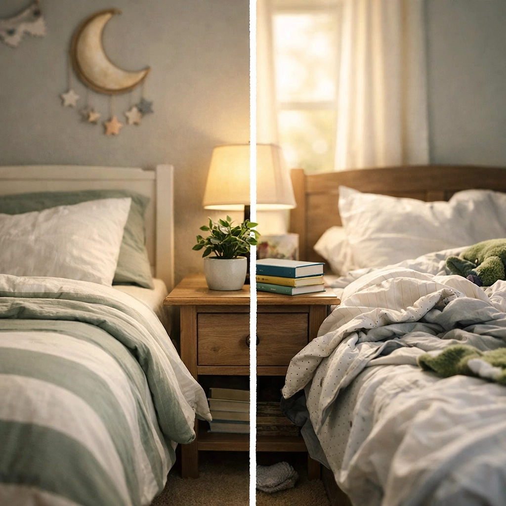 Child's bedroom with made and unmade bed showing strategic low demand parenting choices