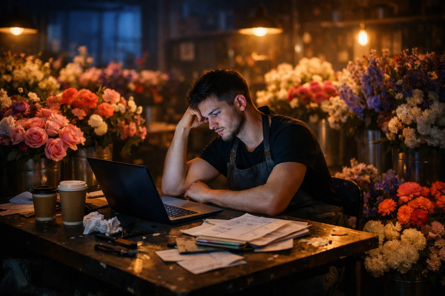 Gay florist working late night in studio surrounded by flowers preparing luxury arrangements