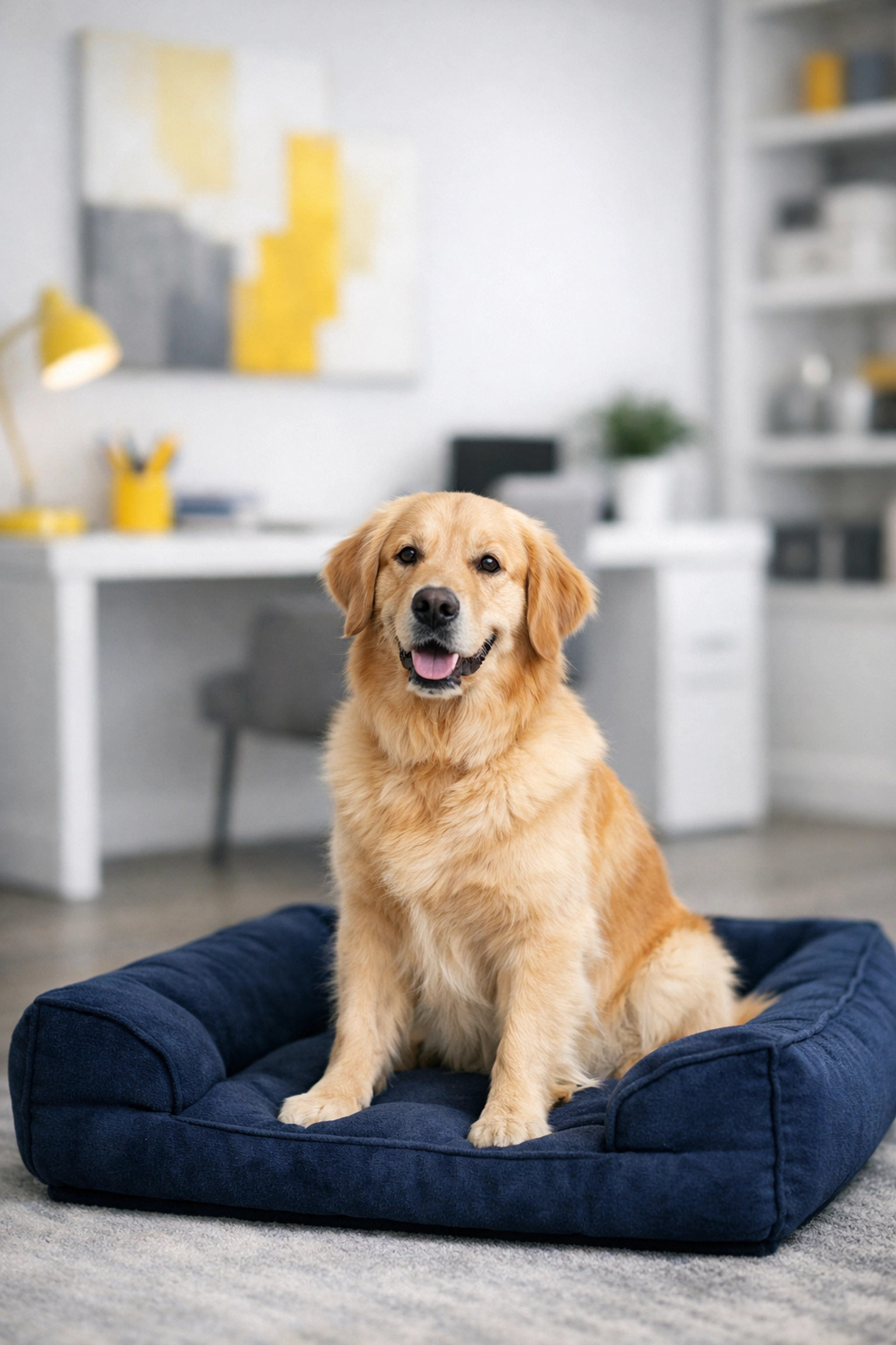 Pet resting on a bed in a tidy room, showing how to prepare for house cleaners.