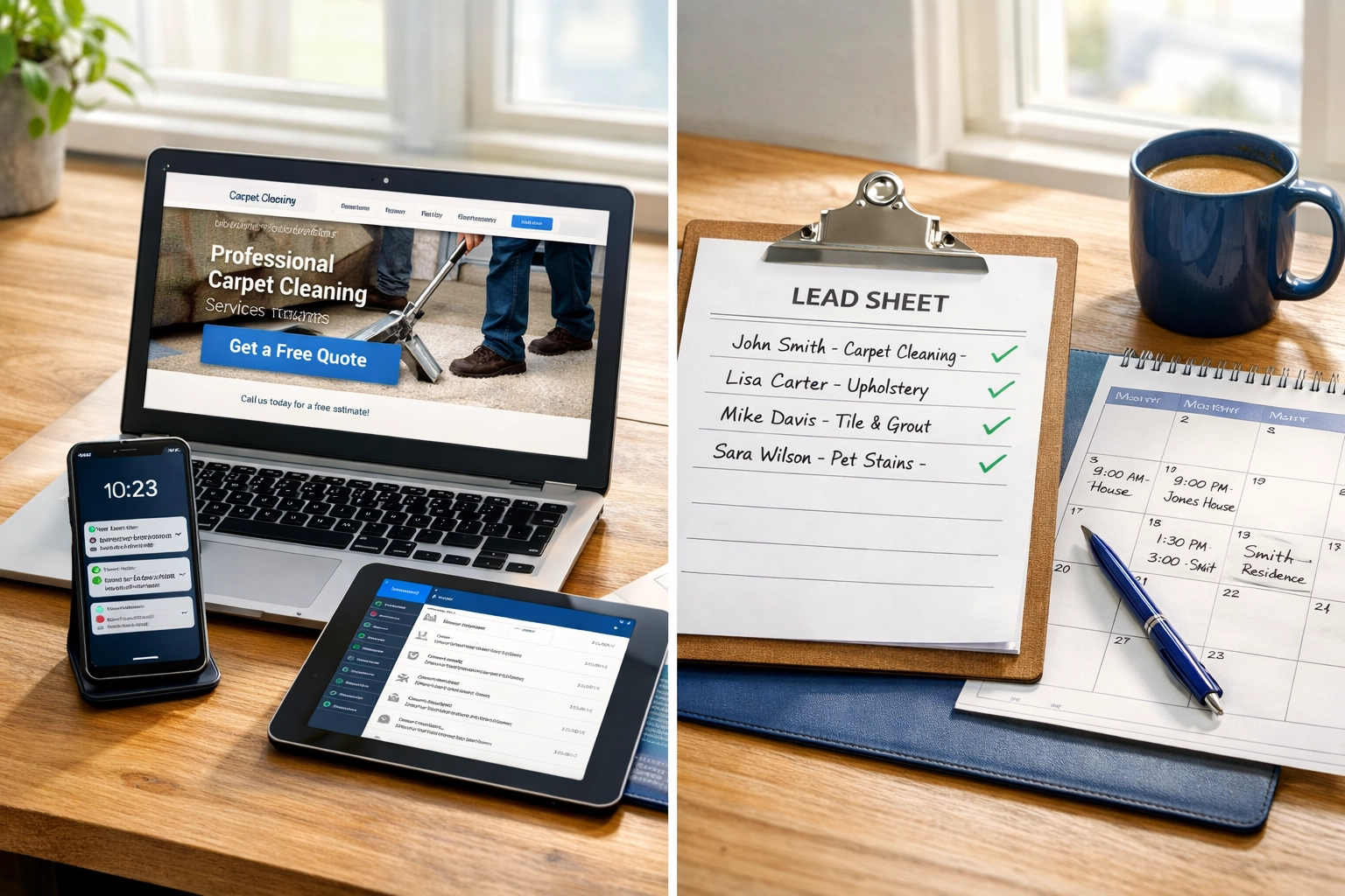 Organized carpet cleaning business workspace with scheduling system and customer management tools