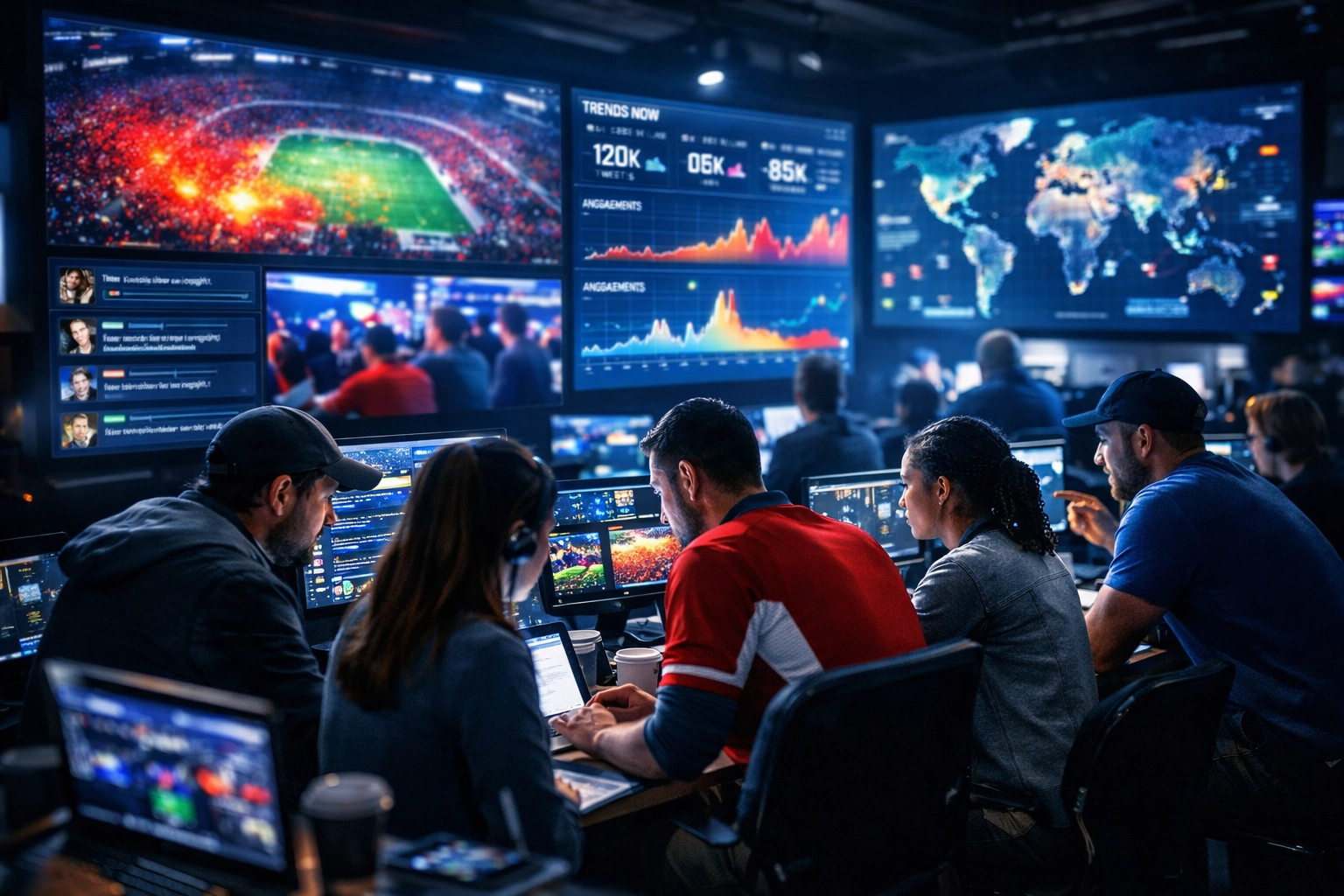 Digital marketing experts monitoring real-time Super Bowl 2026 engagement and sports media analytics.
