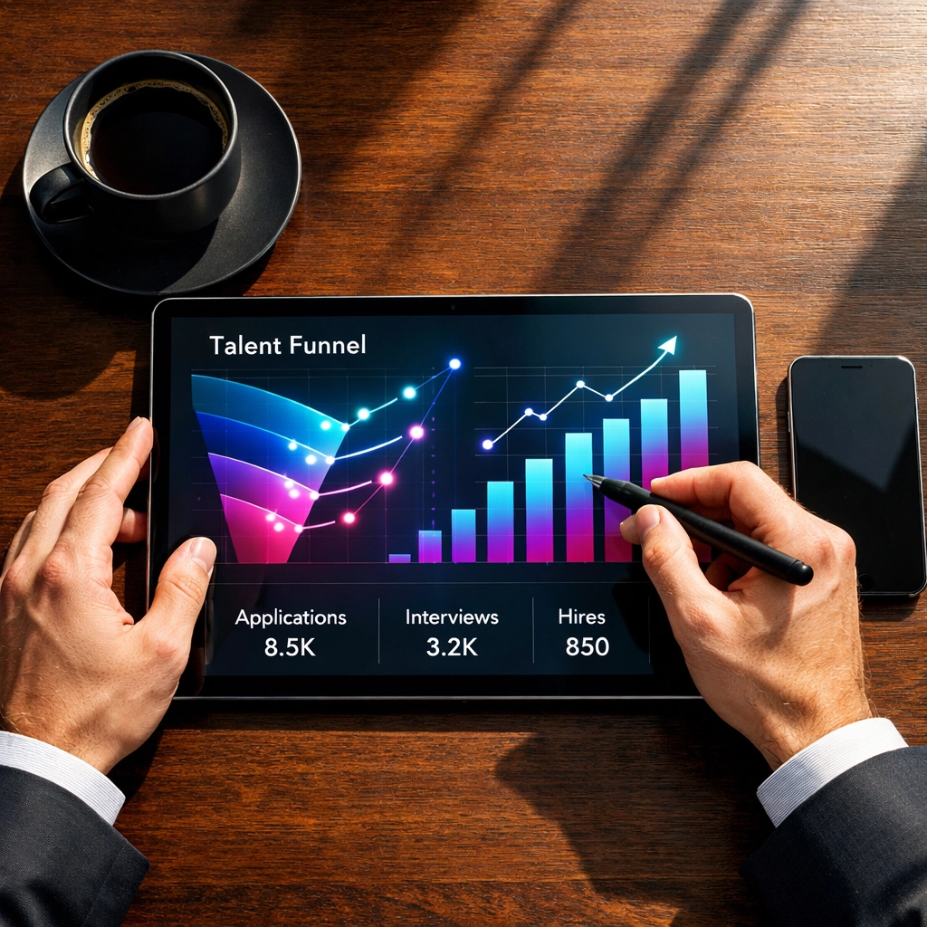 Data analytics dashboard on a tablet showing talent funnel growth and recruitment metrics for tech leaders.