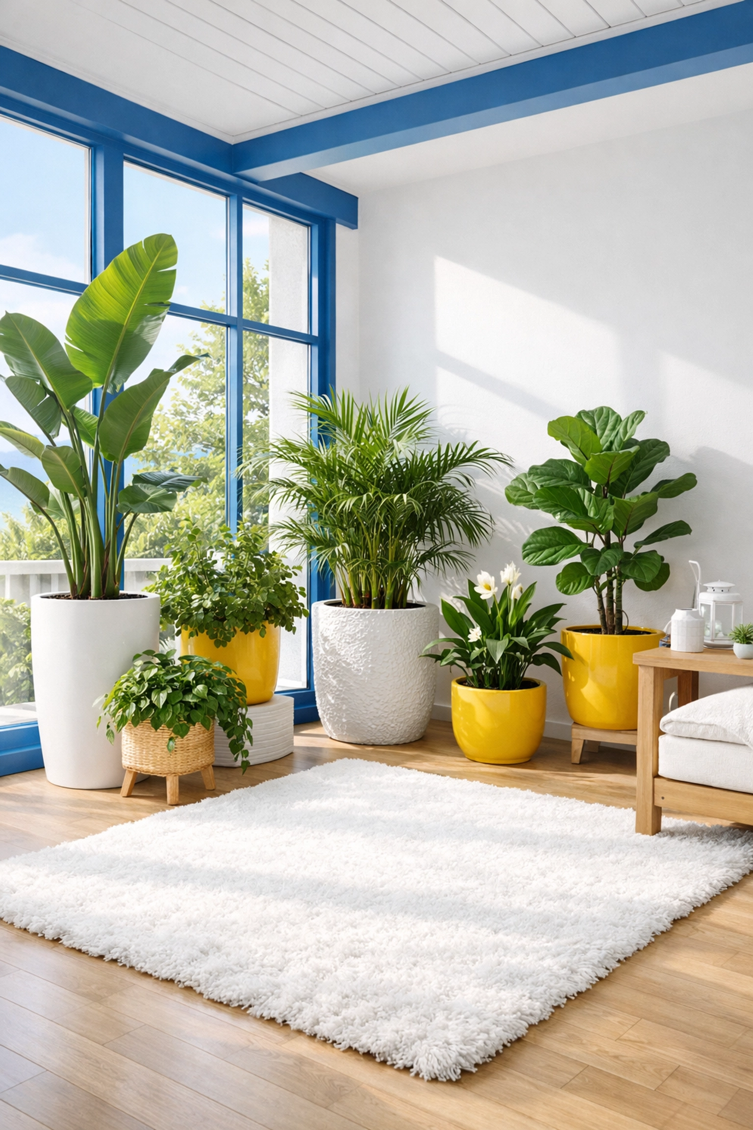 Eco-friendly deep cleaning Worcester in a bright sunroom filled with lush green plants and sanitized rugs.