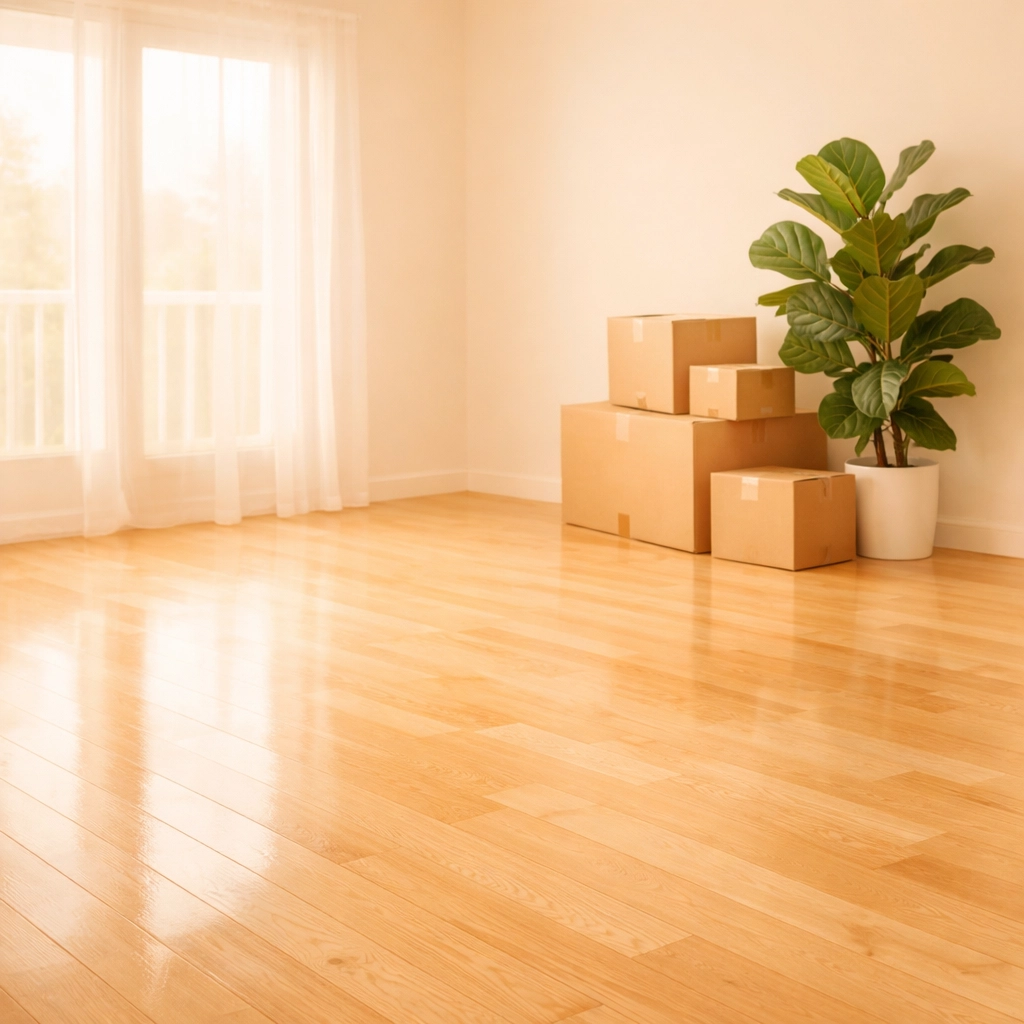 Clean living room with polished floors after professional move in cleaning in Waterloo IA.