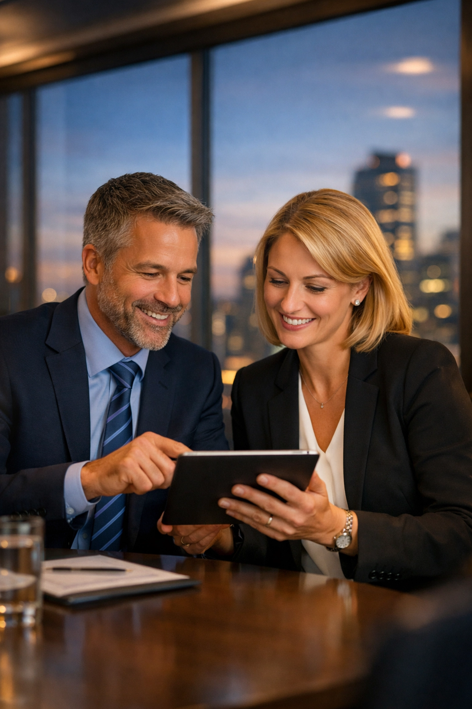 Business executives discussing strategic partnerships and media consulting in a professional setting.