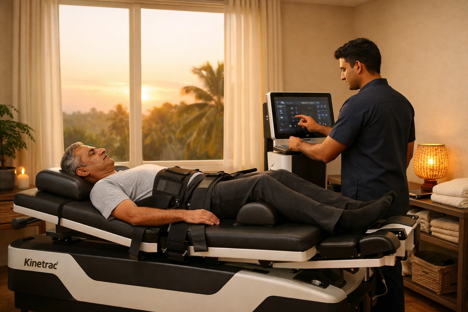 Patient undergoing non-surgical spine treatment using Kinetrac KNX-7000 at a physiotherapy clinic in Trivandrum.